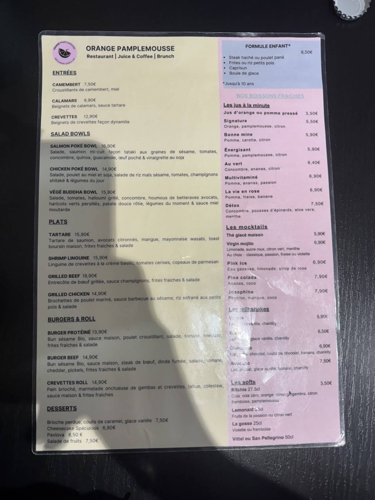 Menu de Orange Pamplemousse