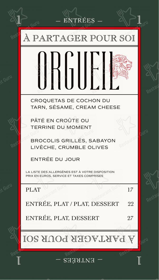 Menu pour Orgueil dans Paris