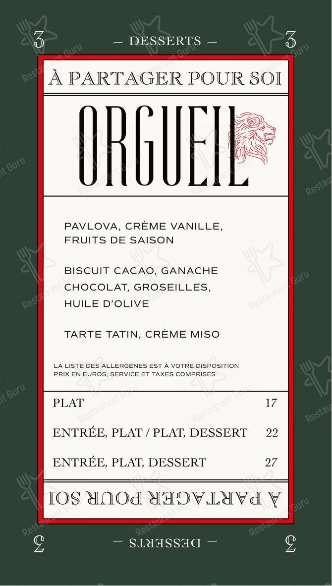 Orgueil dans Paris - Menu