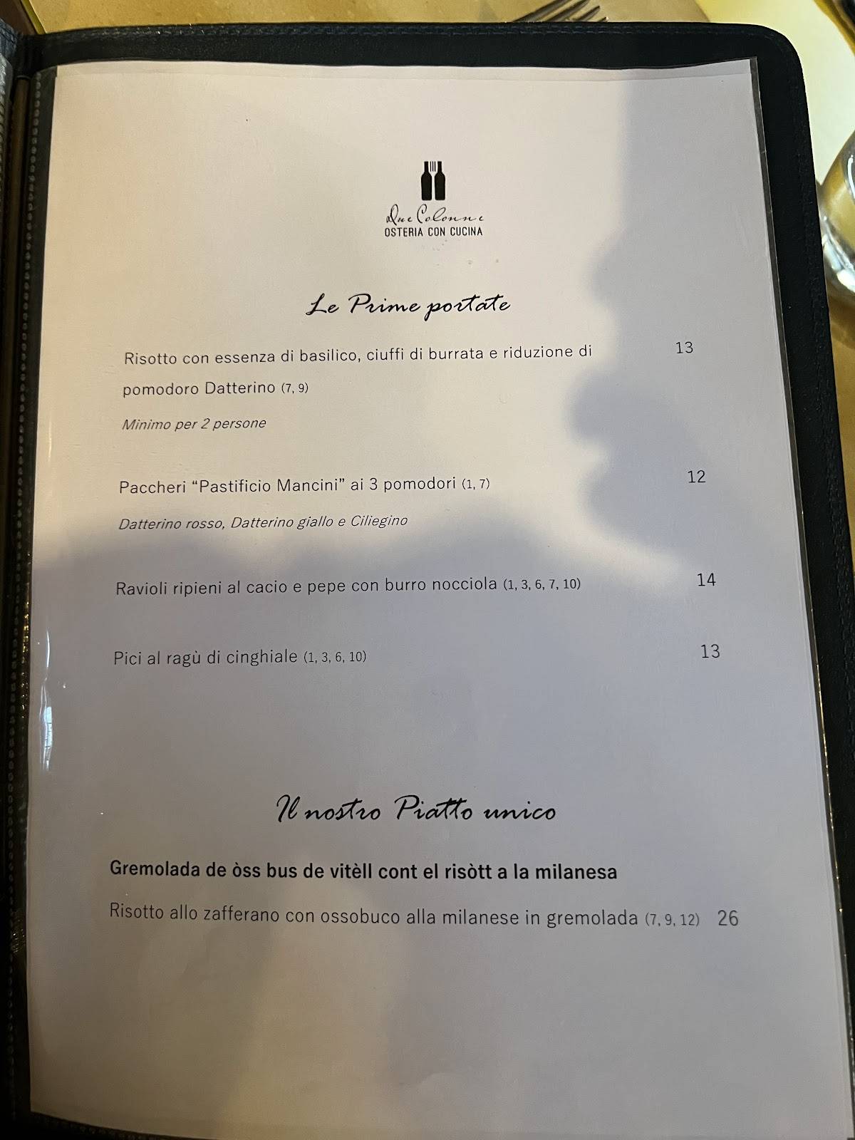 Menu di Osteria Due Colonne 