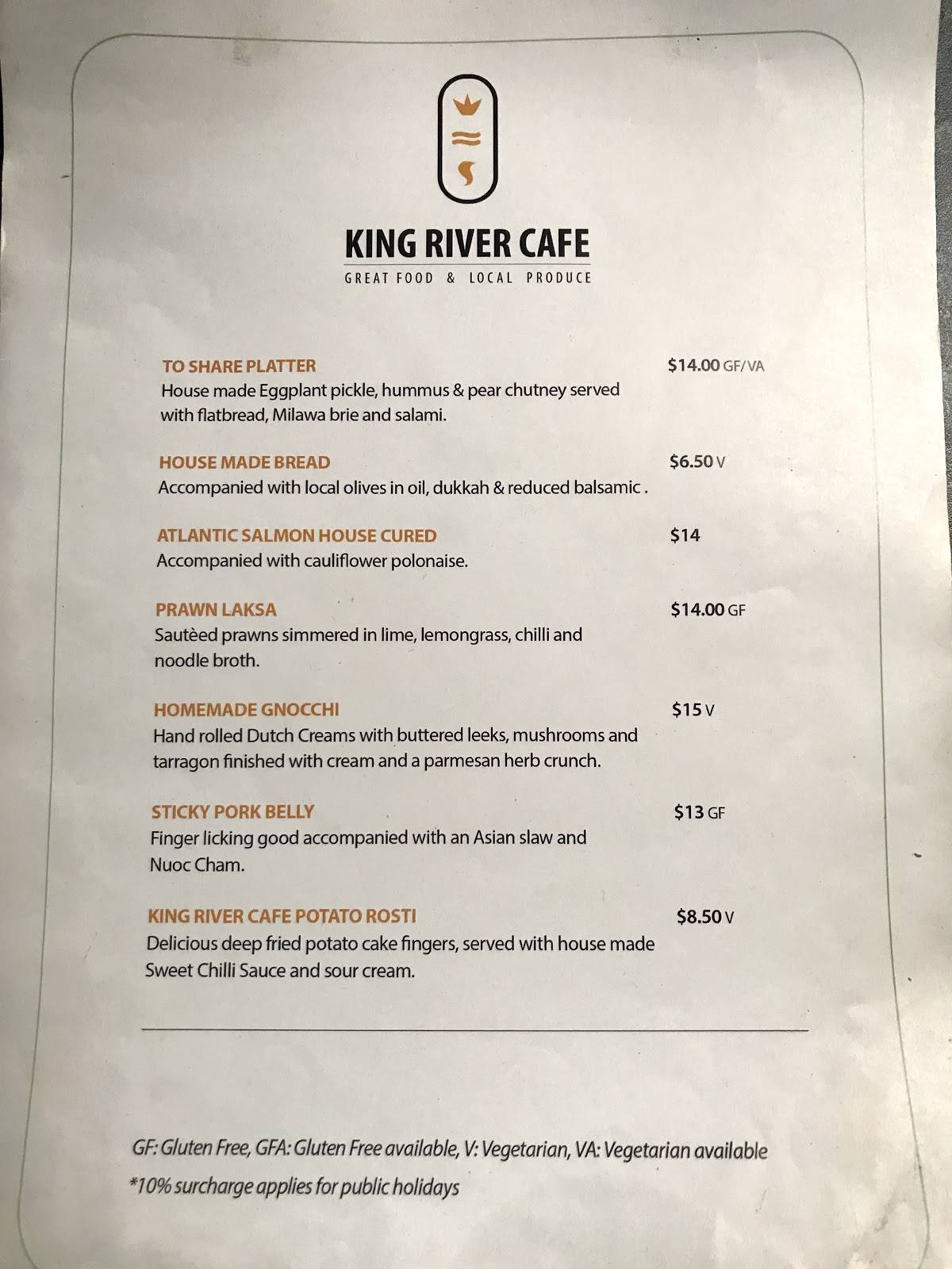 Menu at King River Cafe, Oxley