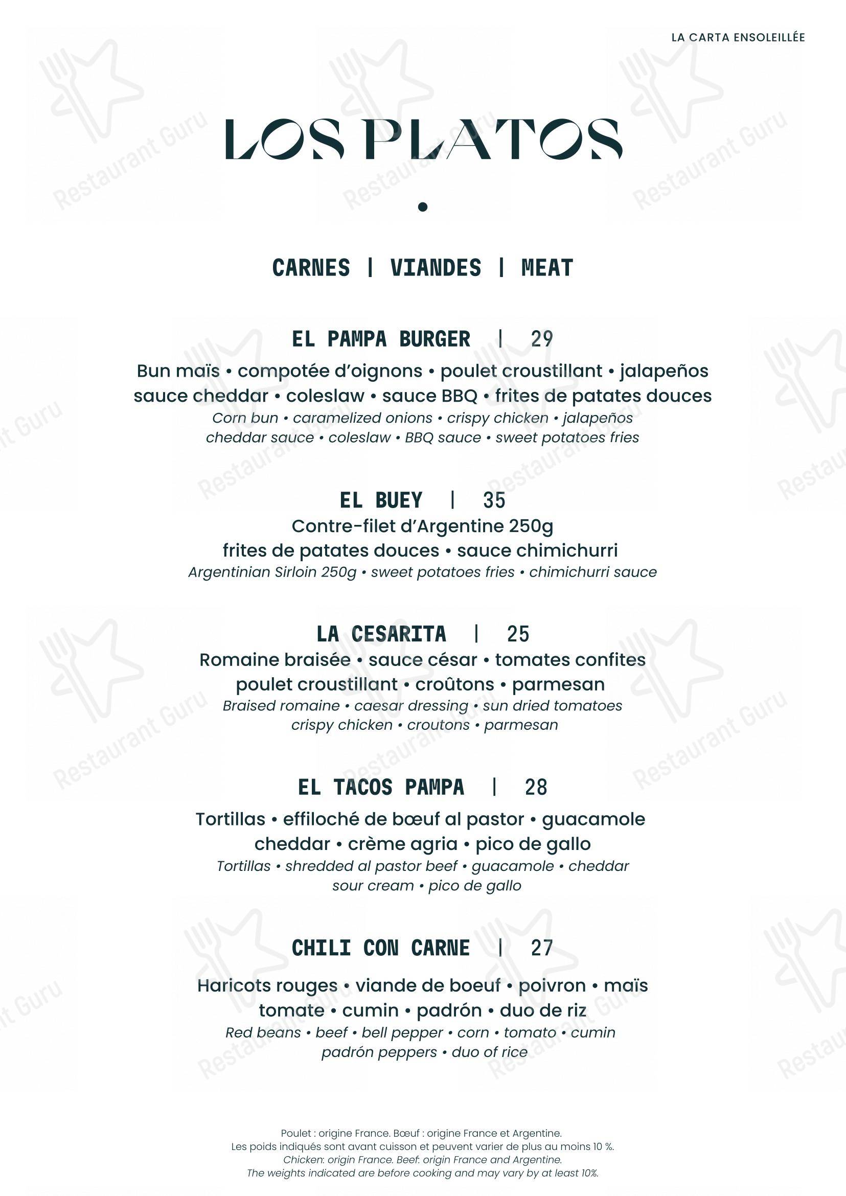 Menu pour PAMPA restaurant