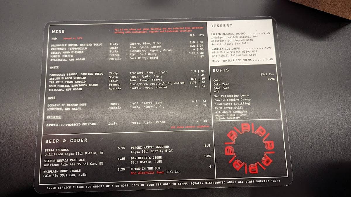 Menu at PI Temple Bar, Dublin