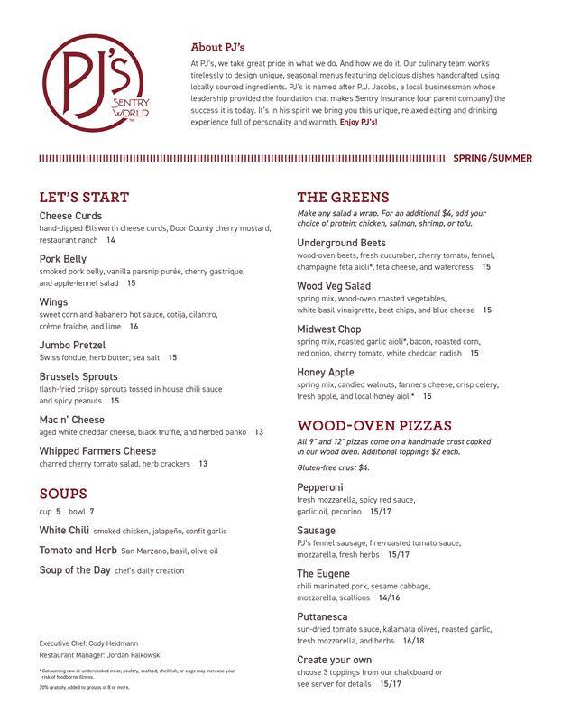 Menu at PJ's - SentryWorld pub & bar, Stevens Point
