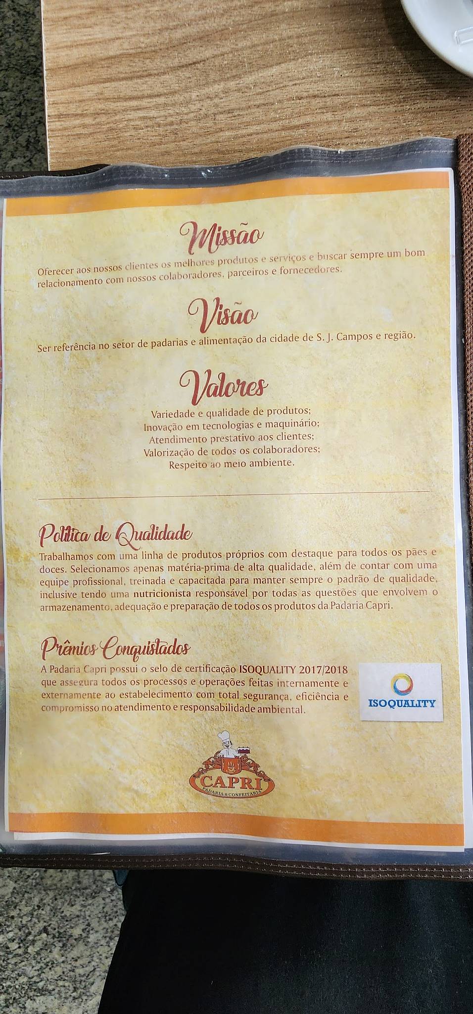 Padaria Capri cardápio