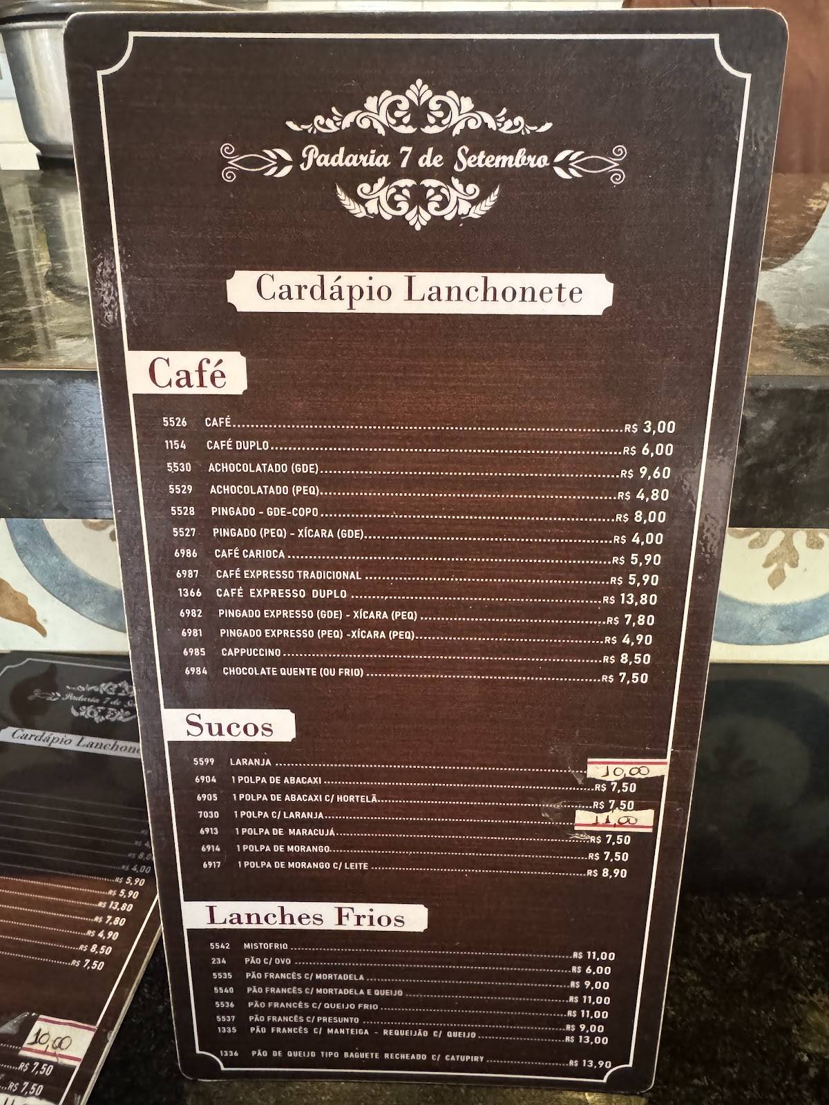 Padaria Sete de Setembro cardápio
