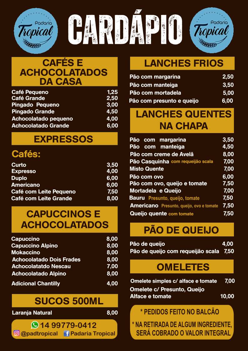 Padaria Tropical cardápio