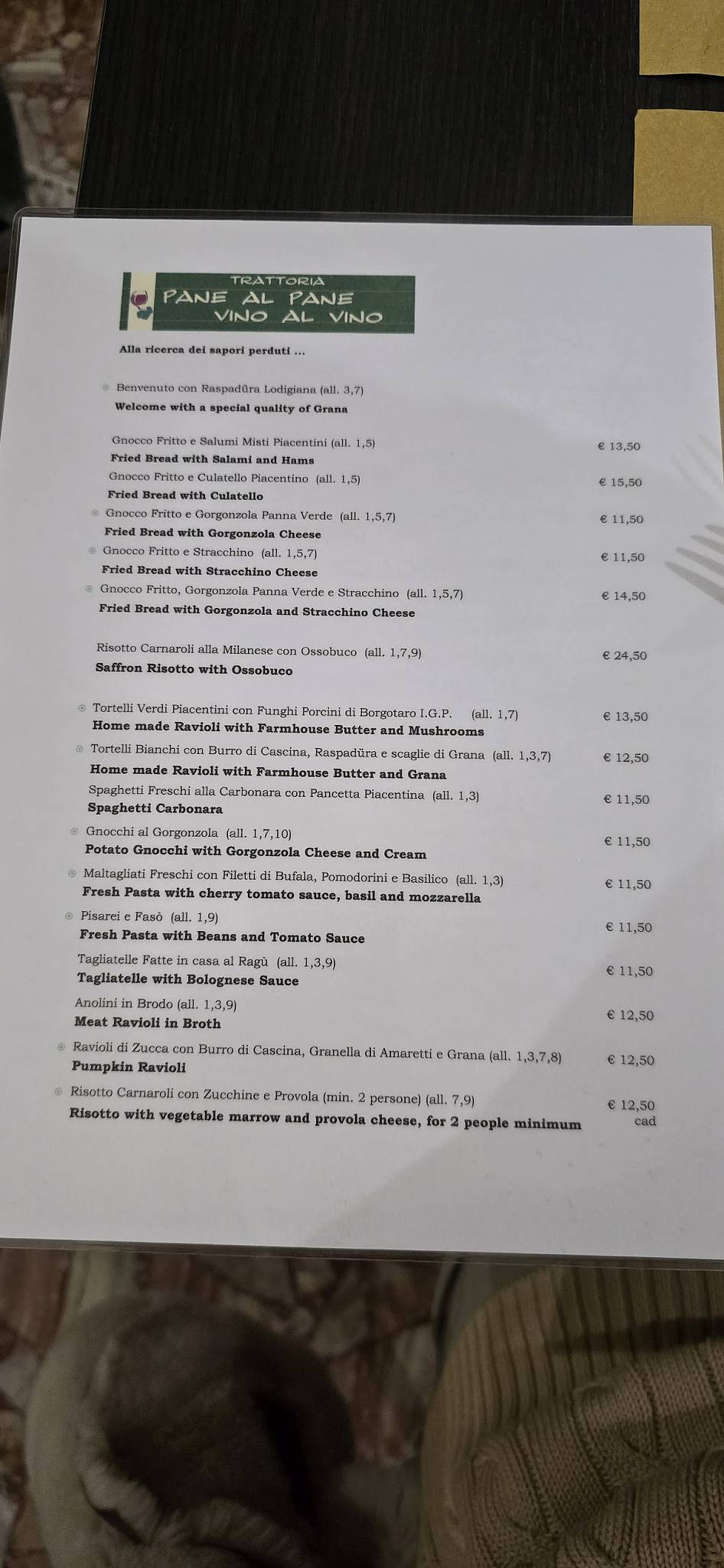 Menu di Pane al Pane Vino al Vino 