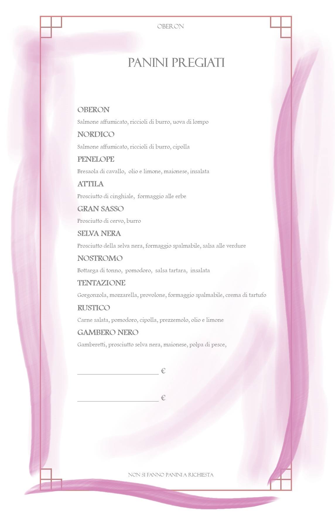 Menu di Panineria Birreria Oberon 