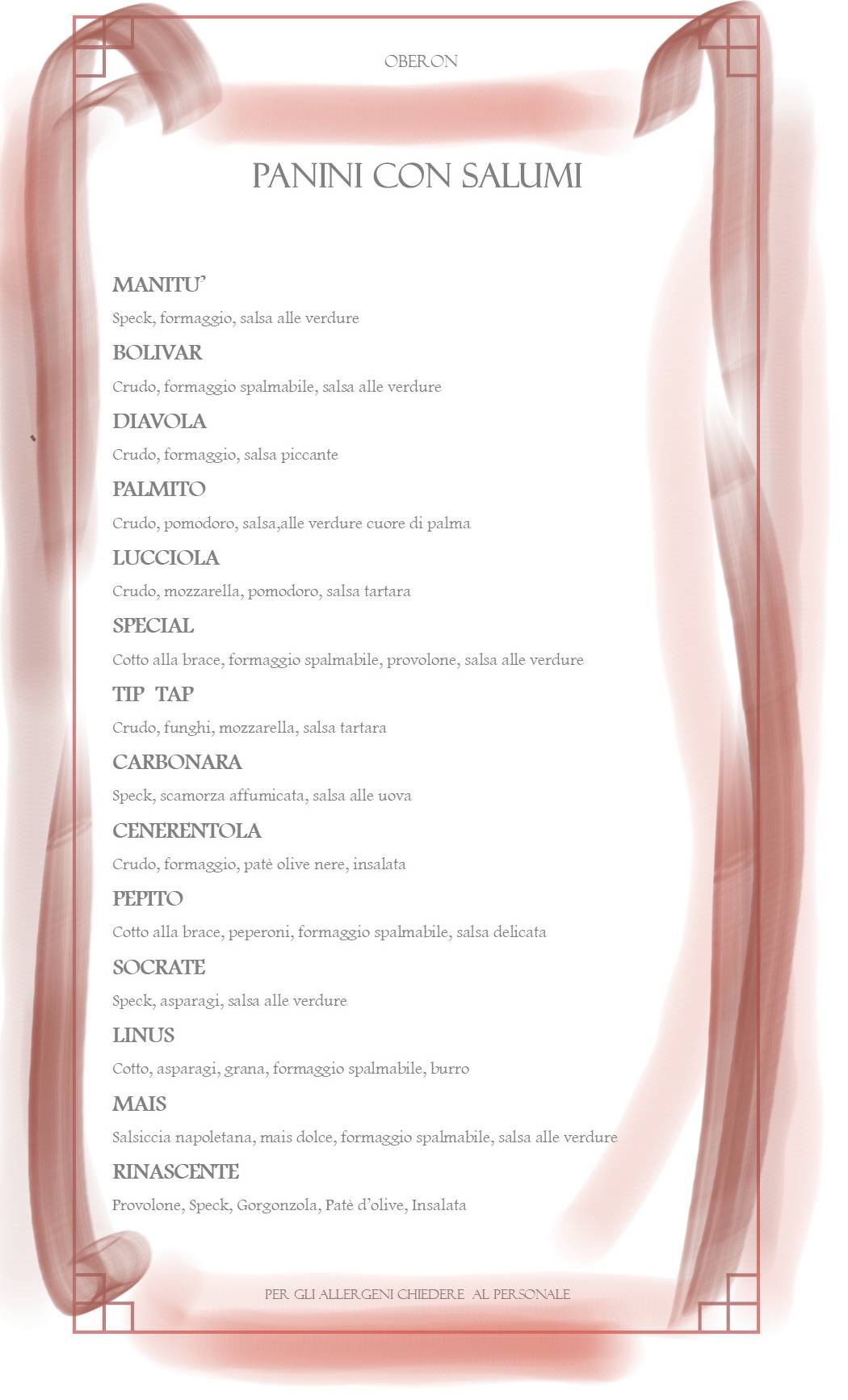 Menu di Panineria Birreria Oberon 