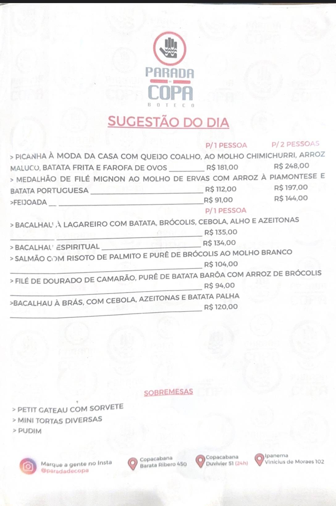 Parada De Copa cardápio