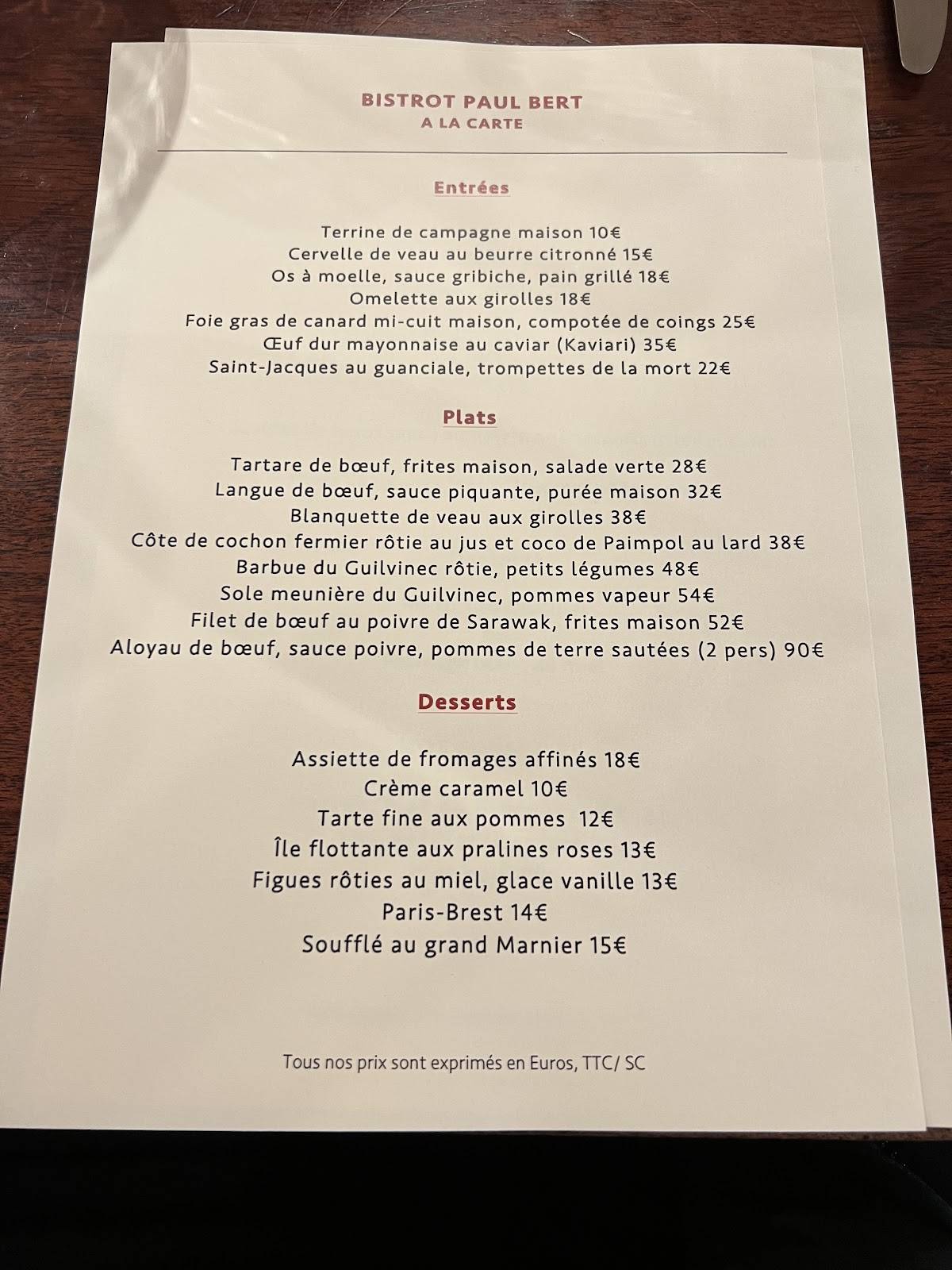 Menu at Bistrot Paul Bert restaurant, Paris