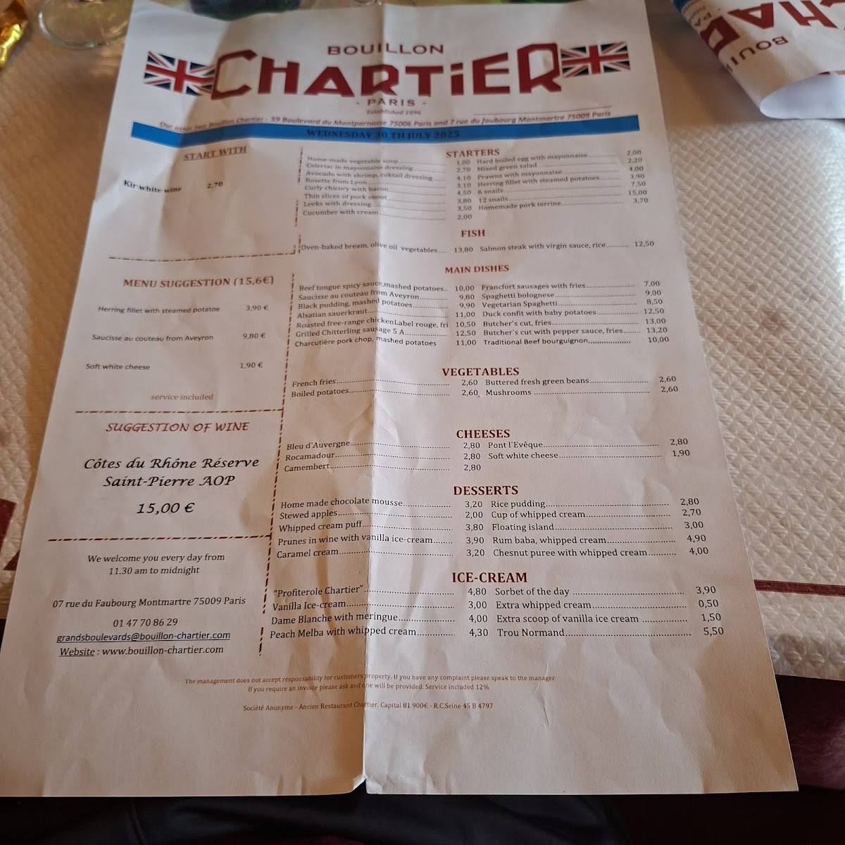 Menu de Bouillon Chartier Gare de l'Est