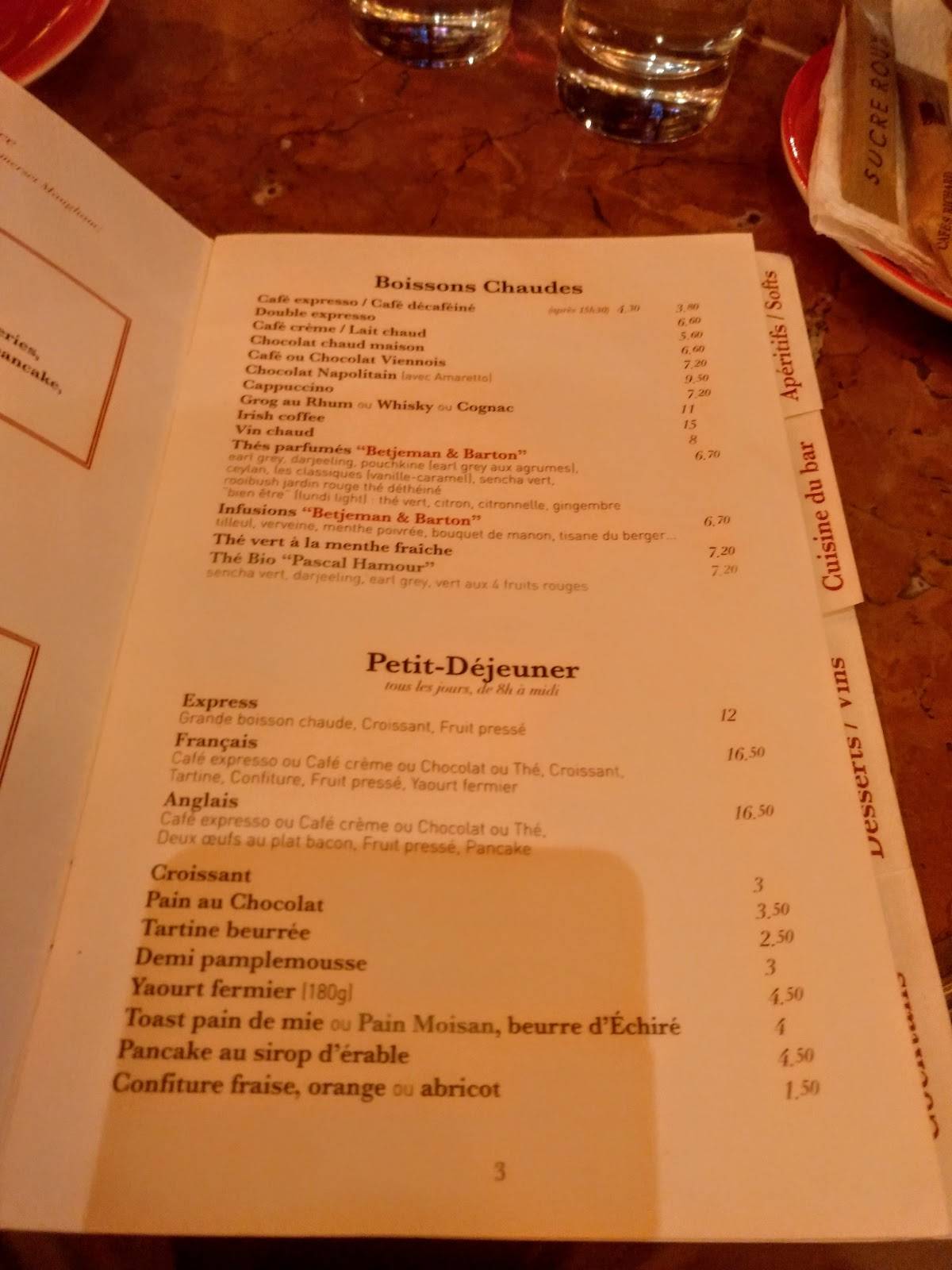 Menu at Le Bonaparte cafe, Paris
