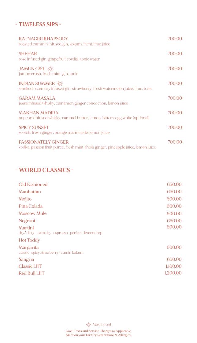 Paro - Modern India Bar menu