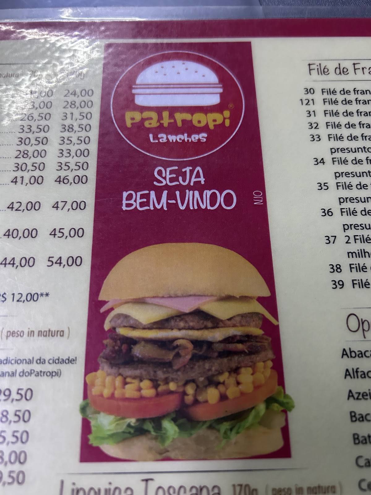 Patropi Lanches cardápio