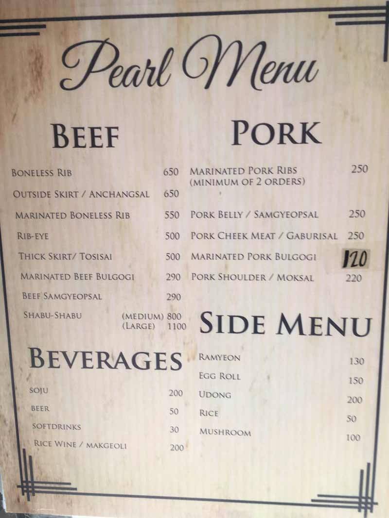 Menu at Pearl Meat Korean Restaurant, Baguio