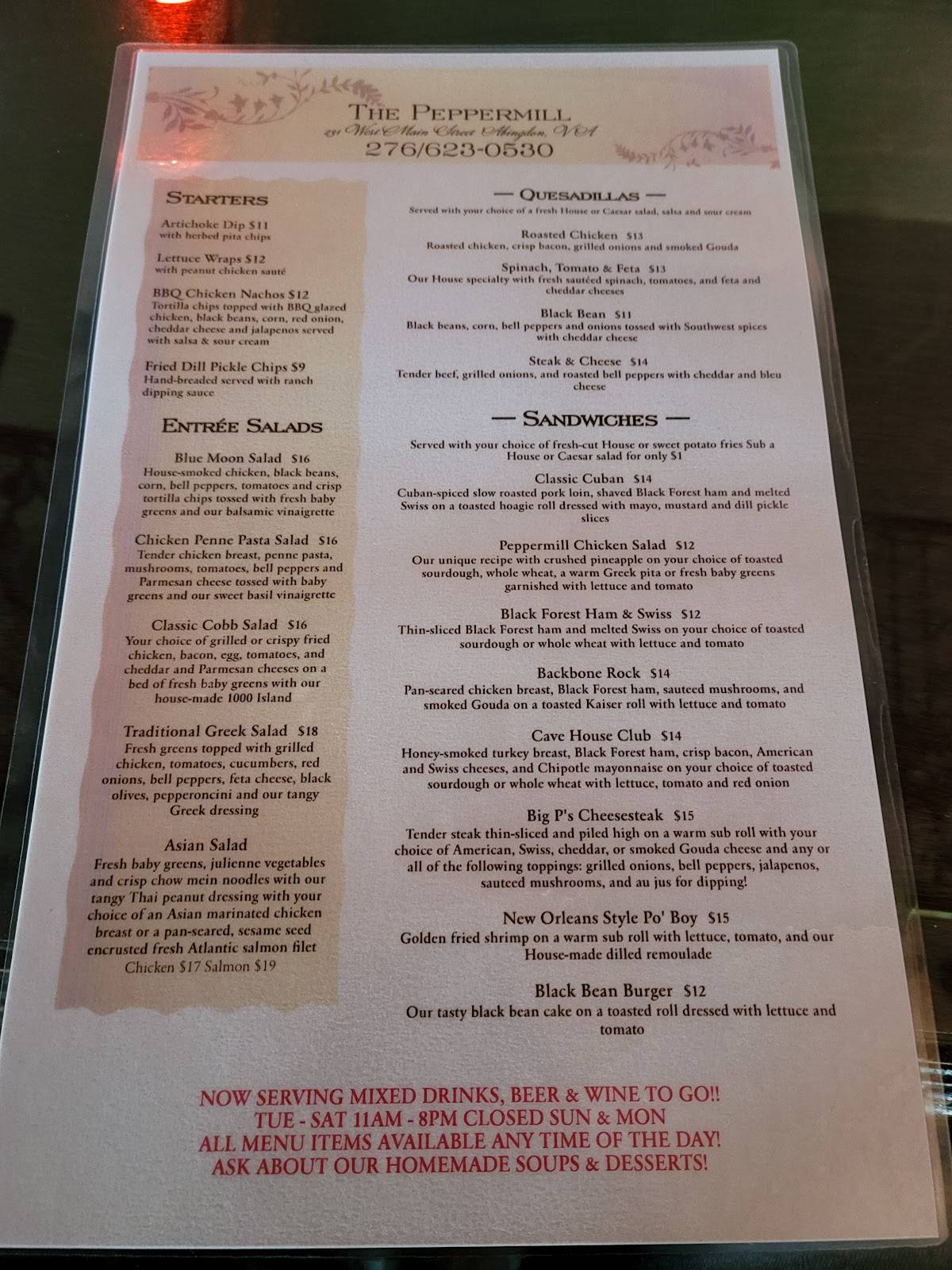 Menu at Peppermill restaurant, Abingdon, 231 W Main St