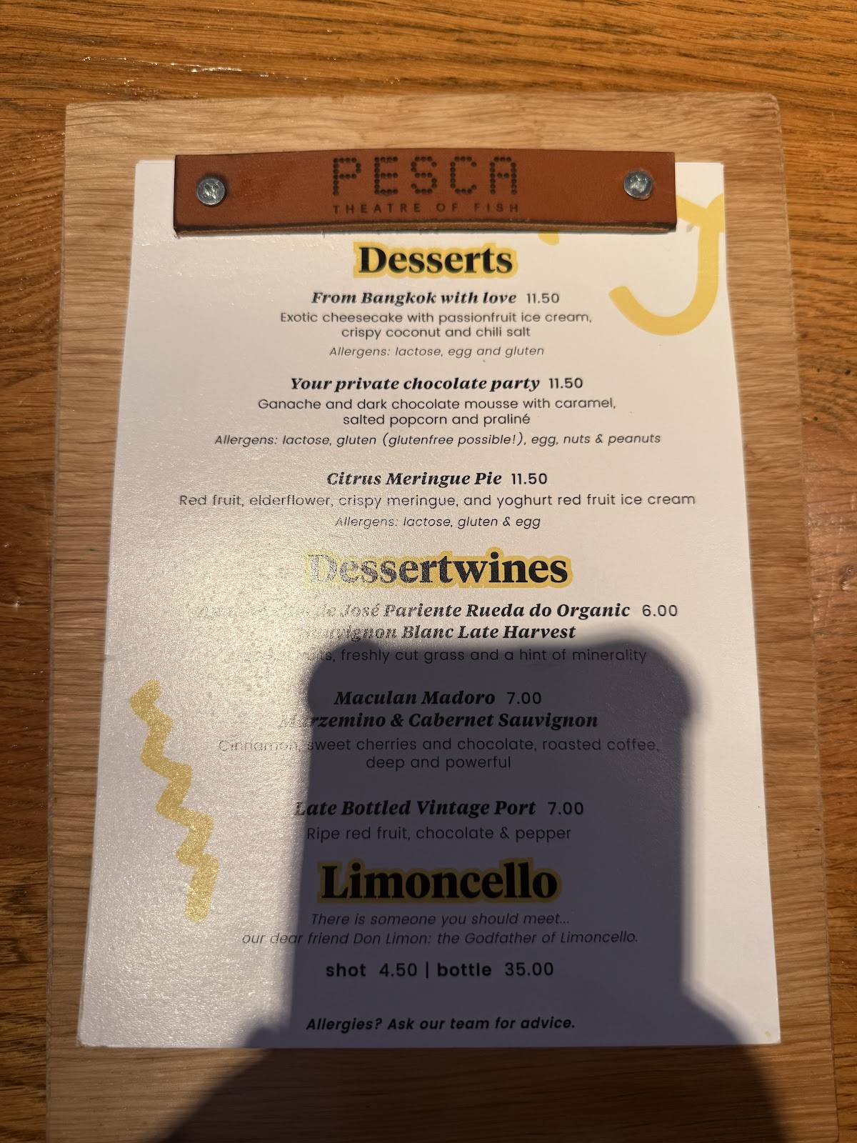 Menu de Pesca Seafood Restaurant Amsterdam