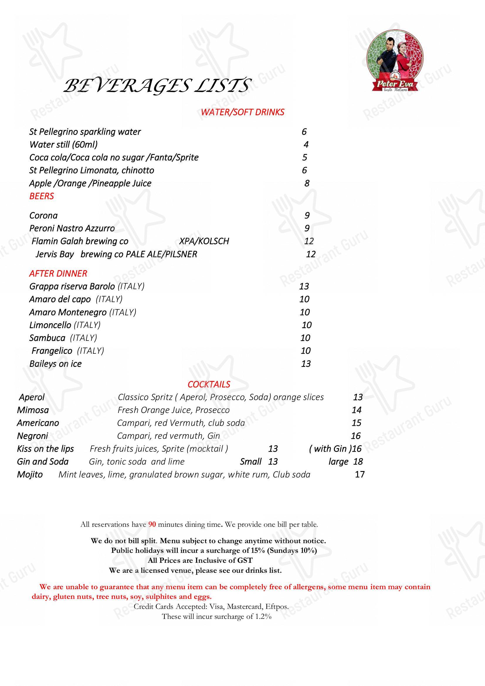 Menu at Pasta & Pizza Peter Eva Italian restaurant, Huskisson
