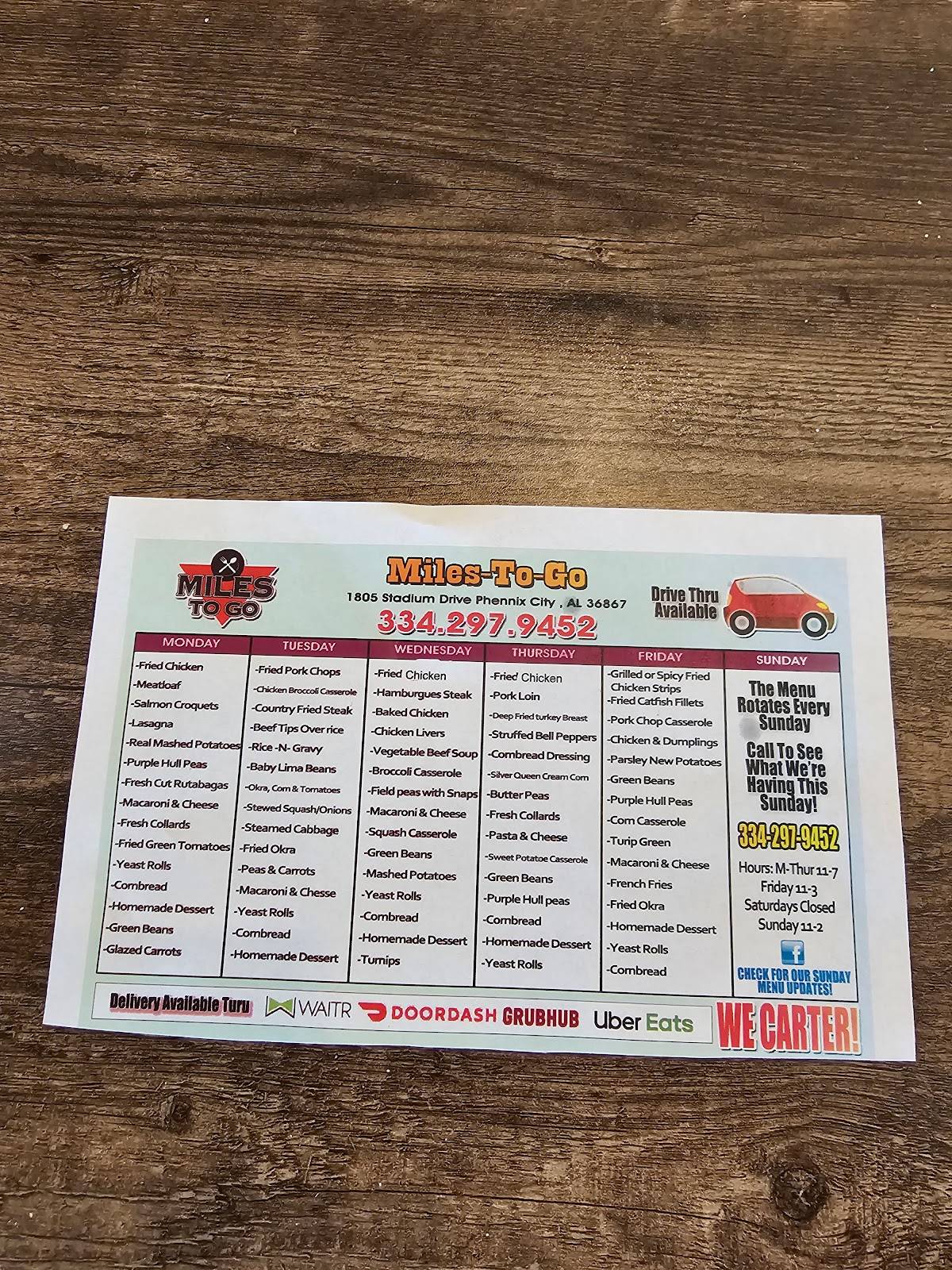 Miles To Go Phenix City Menu