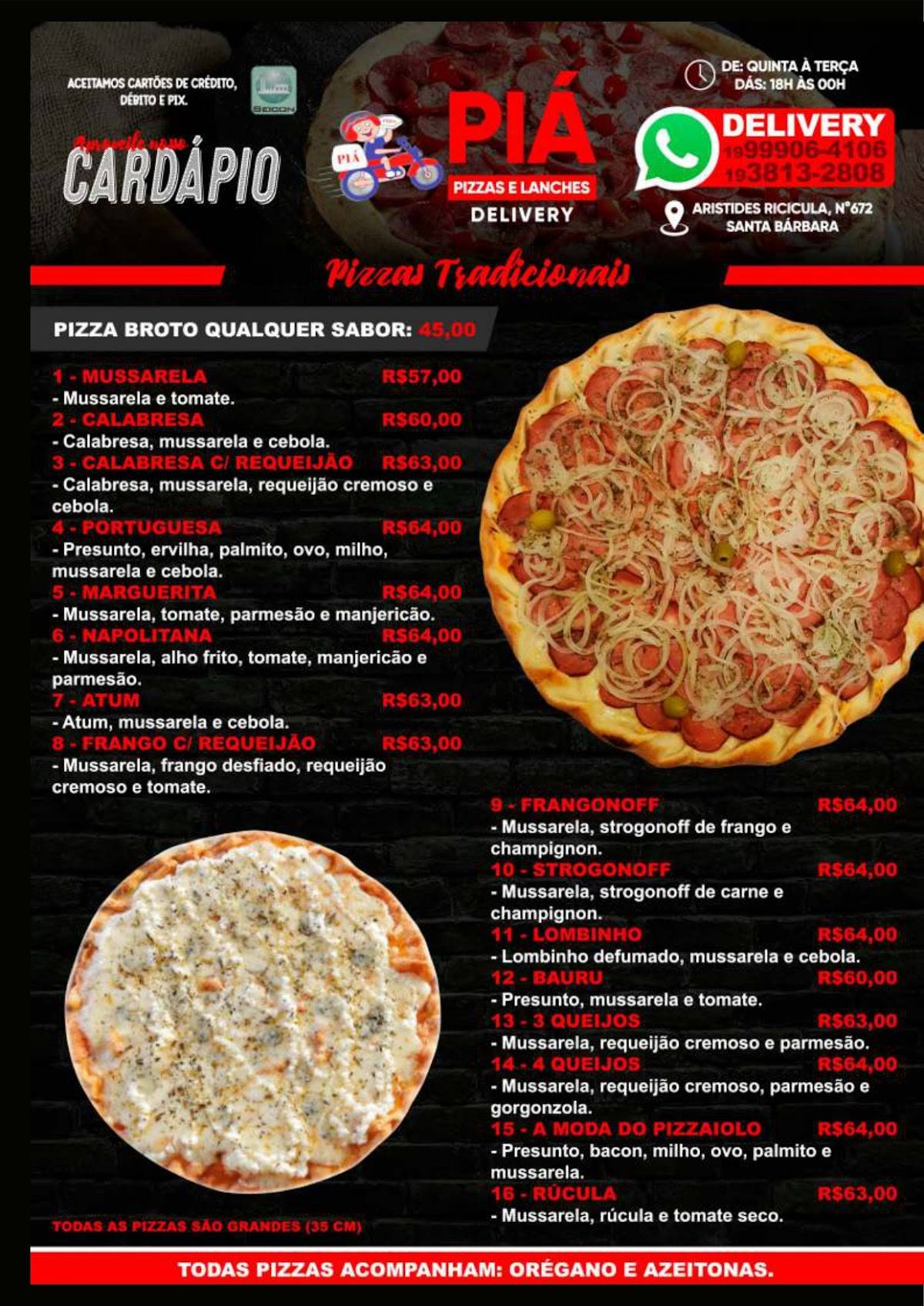 Piá Pizzaria, Restaurante e Lanchonete cardápio