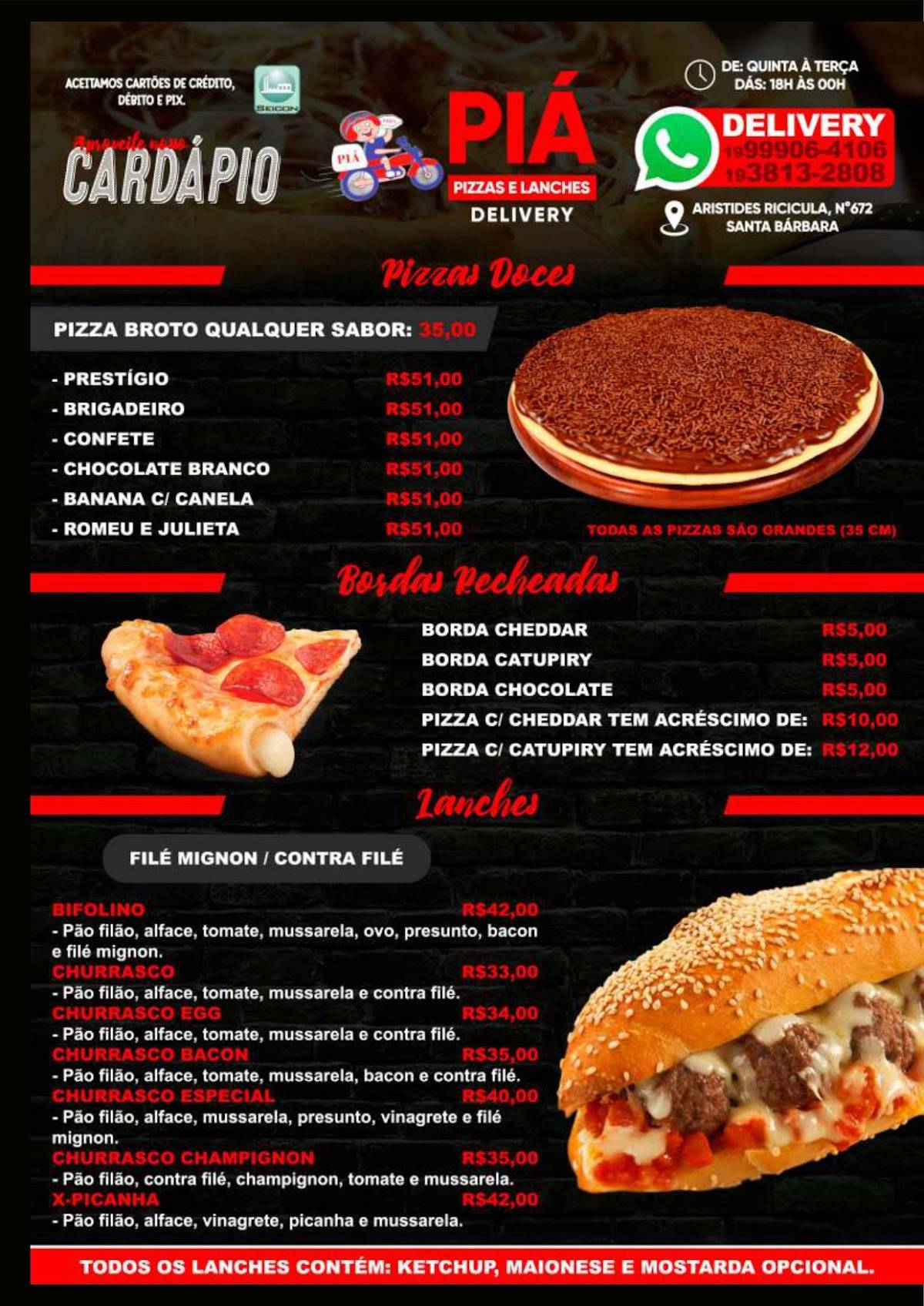 Piá Pizzaria, Restaurante e Lanchonete cardápio