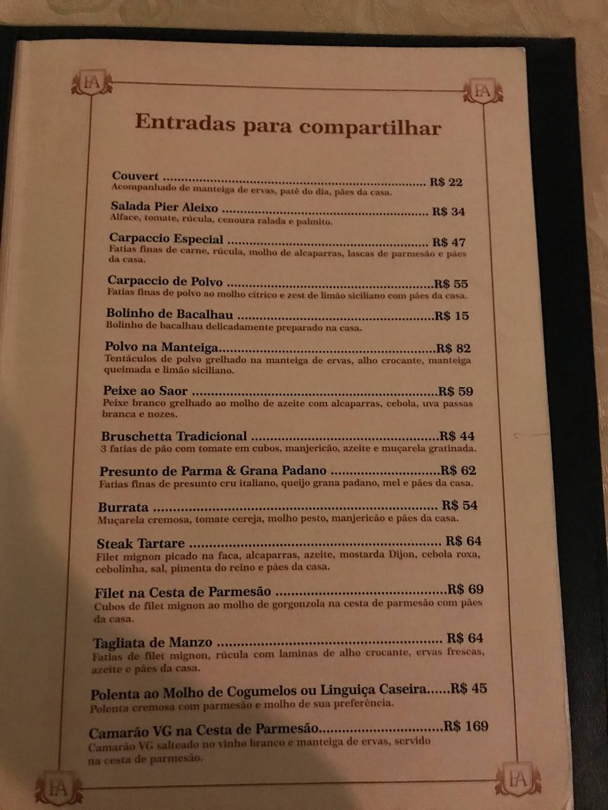 Restaurante Pier Aleixo cardápio