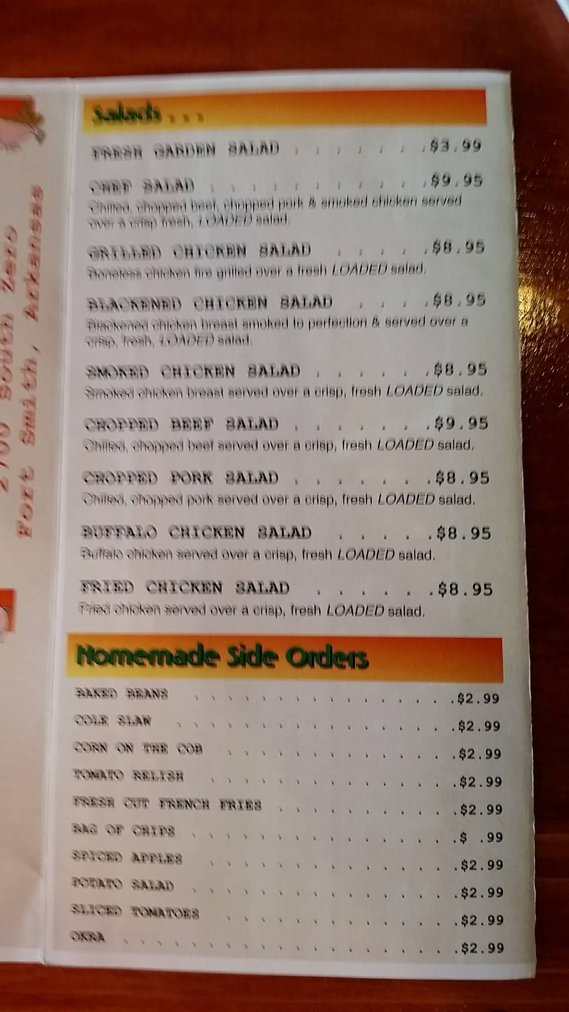 Menu at PigNPepper BarBQ, Fort Smith