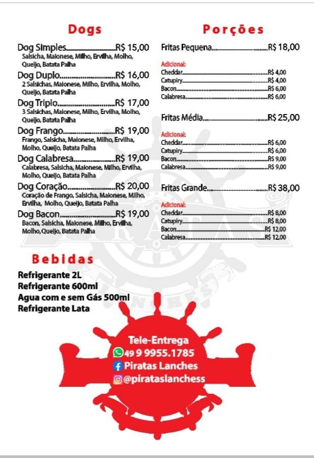 Piratas Lanches cardápio