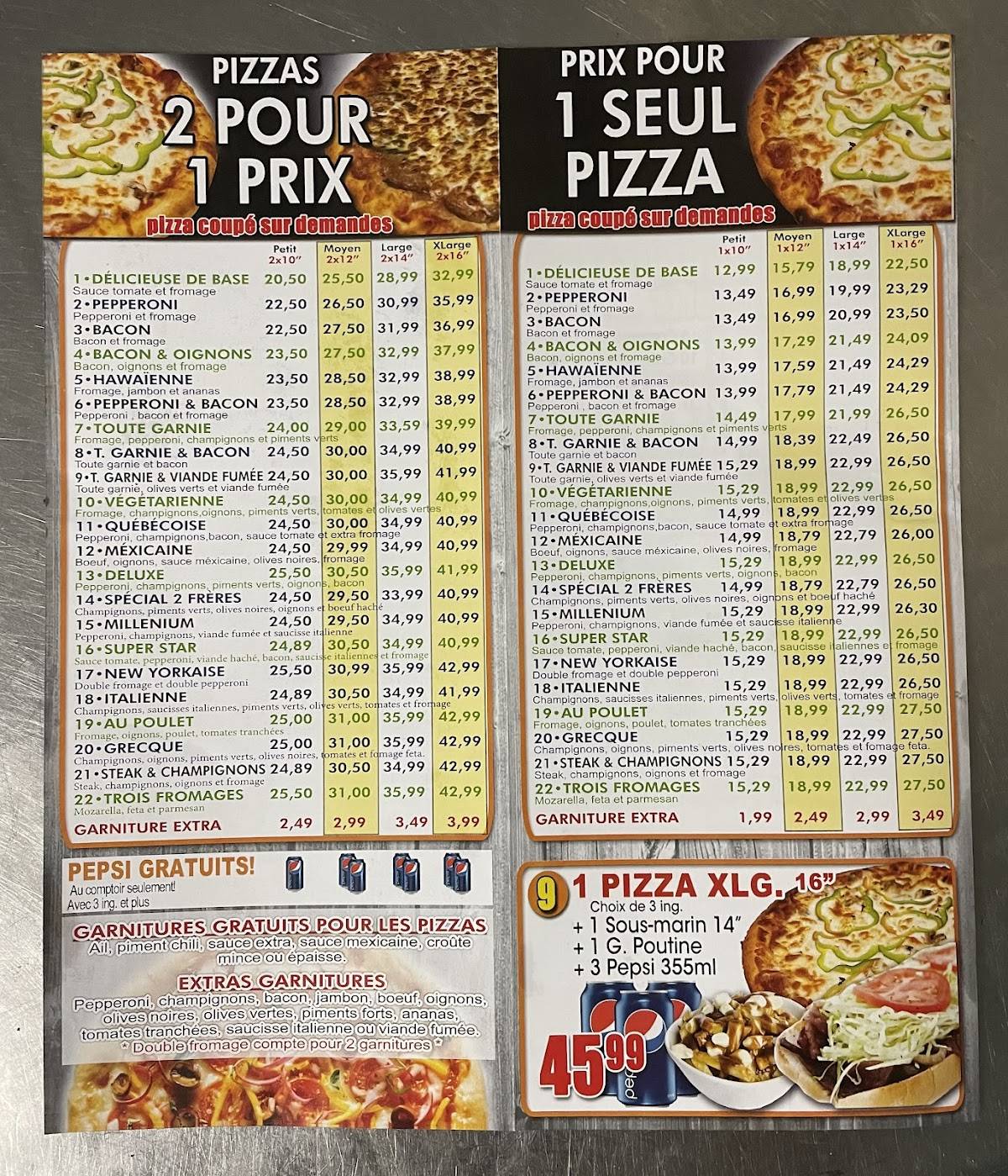 Menu au Pizza Deux Frères pizzeria, BoisdesFilion, Au coin de la 37e Ave