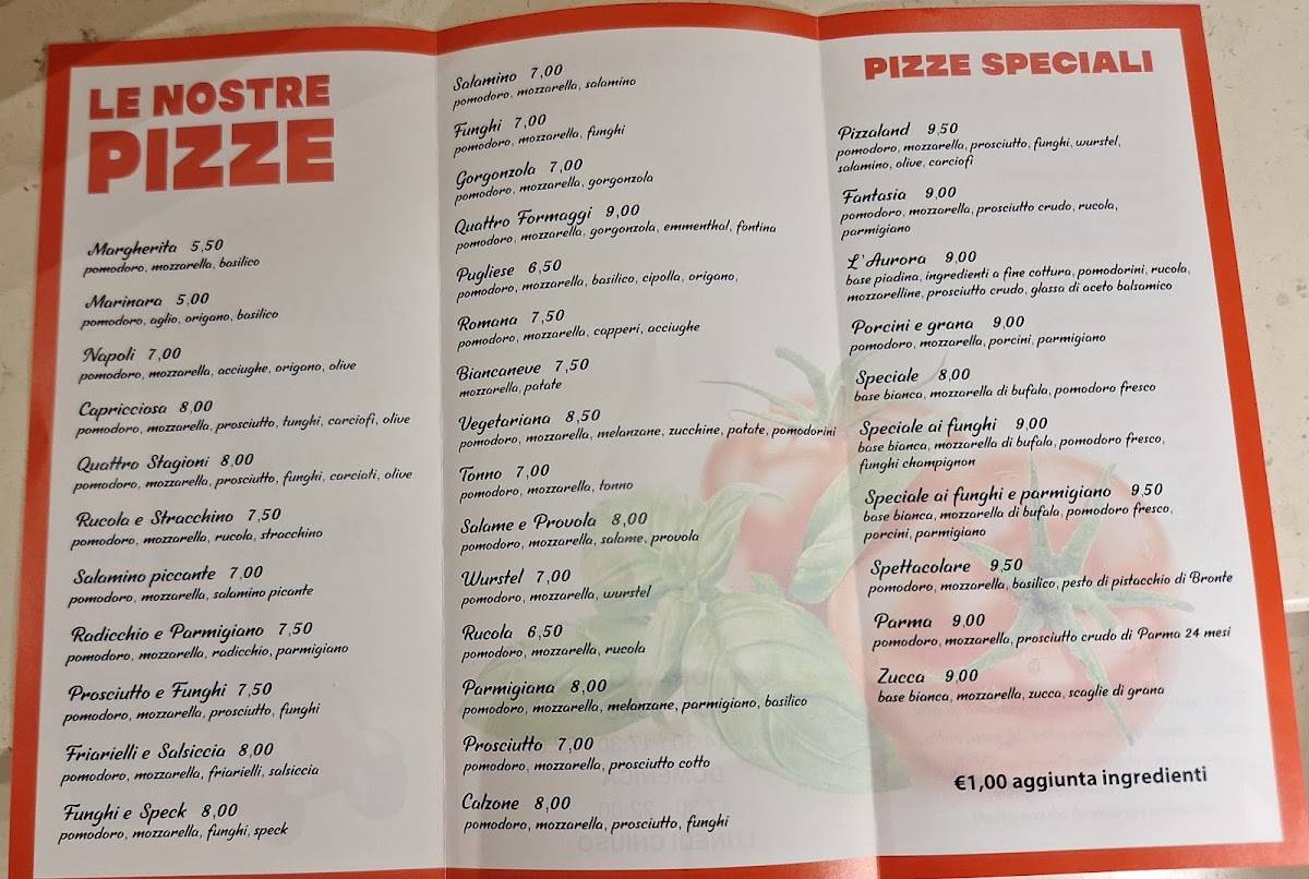 Menu di Pizzaland 