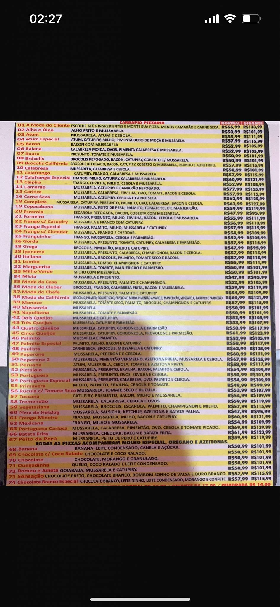 Pizzaria Califórnia Jacareí cardápio
