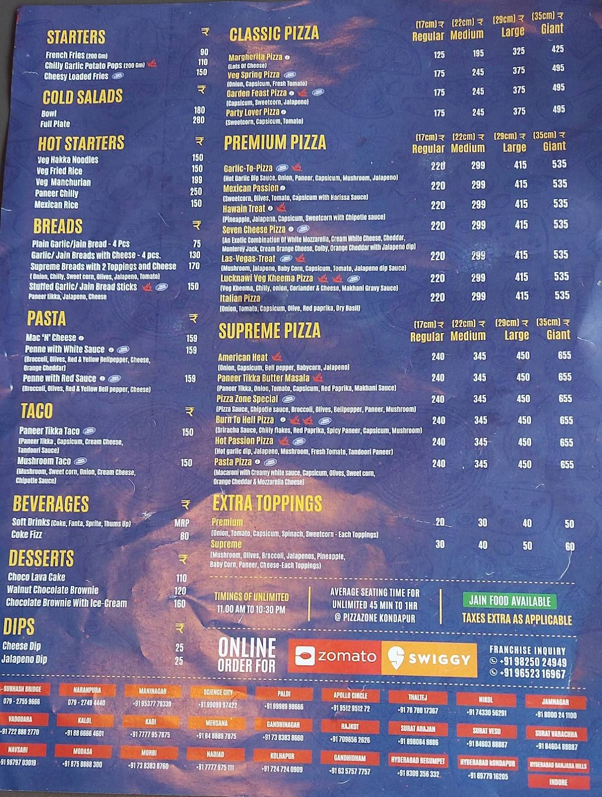 Pizzazone Kondapur menu