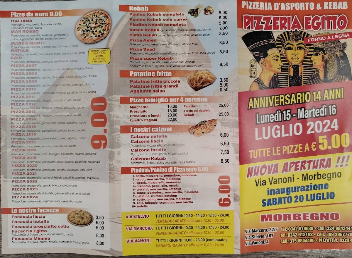 Menu di Pizzeria Egitto Morbegno 