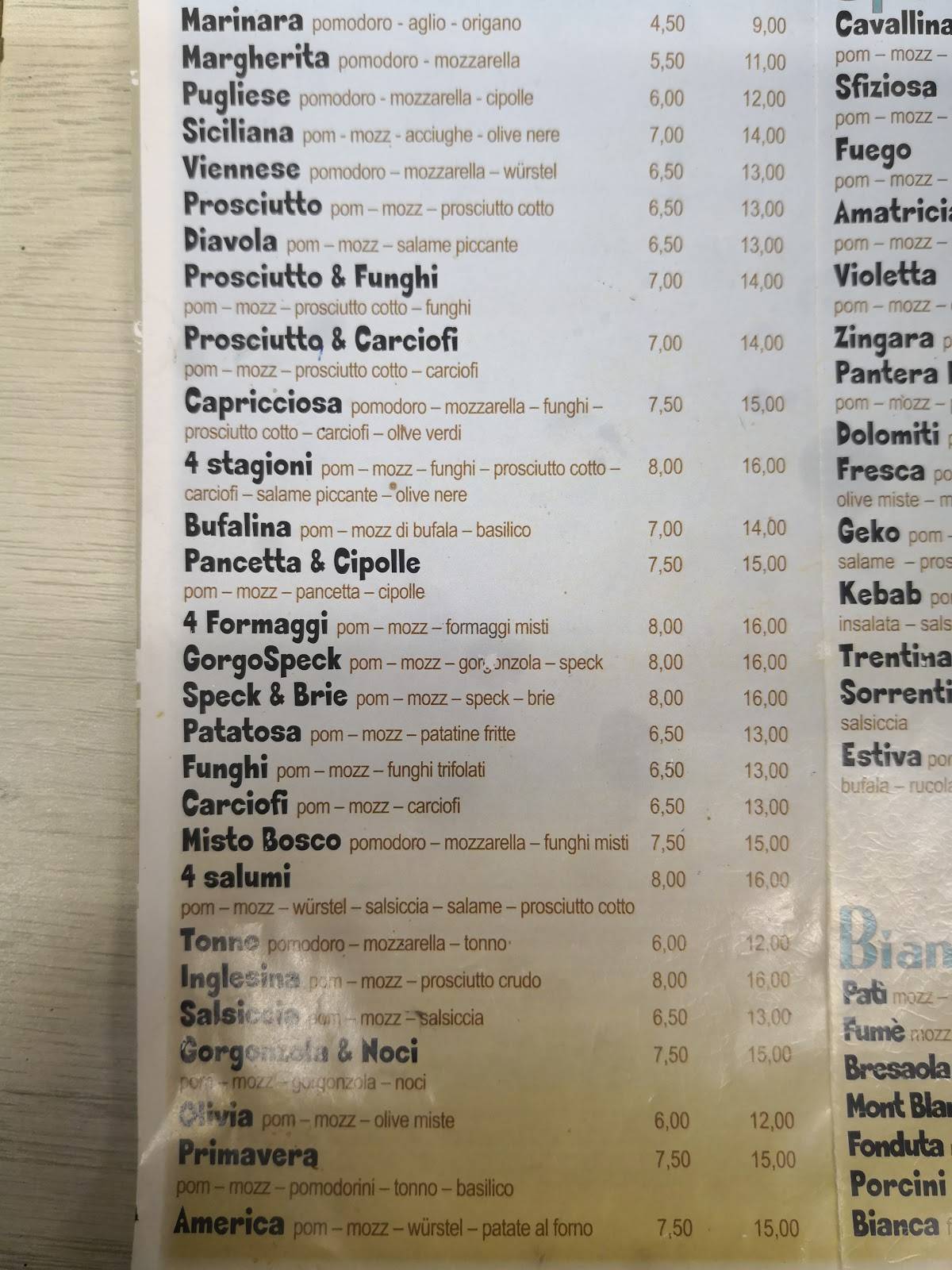 Menu di Pizzeria Geko 