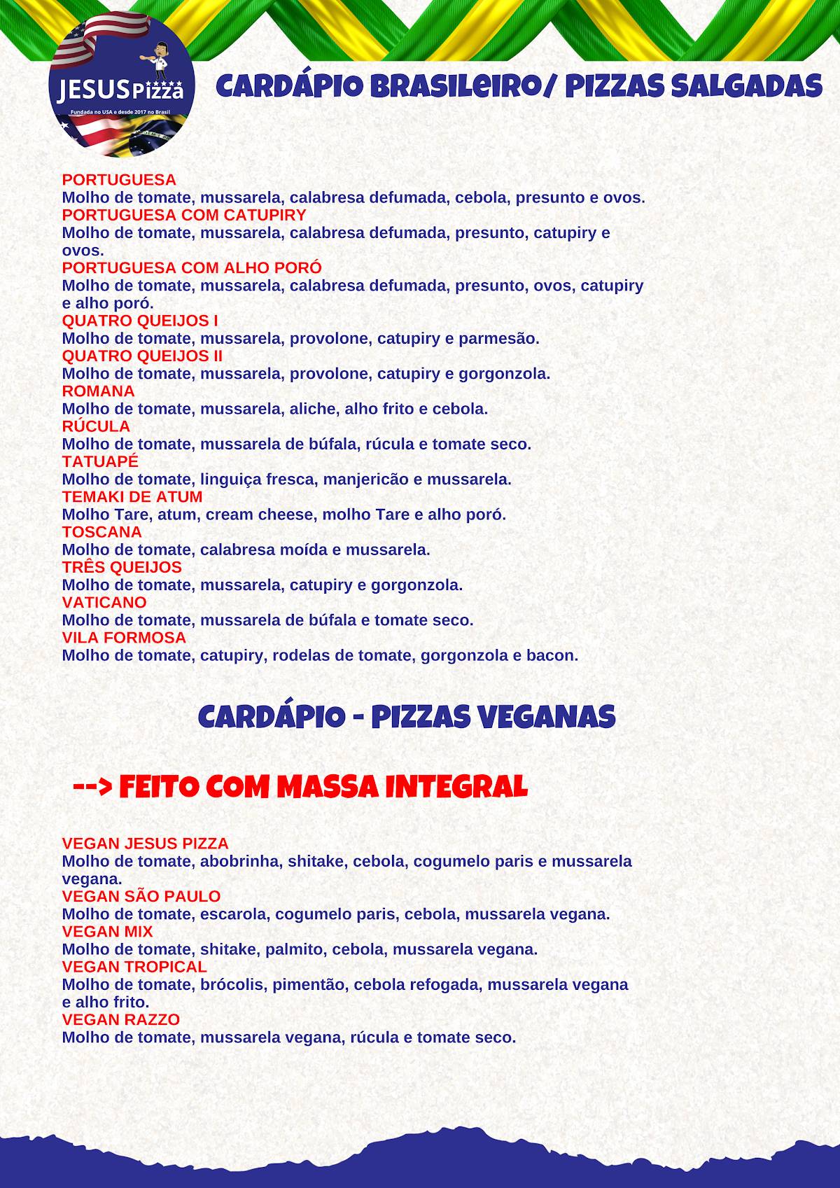 Jesus Pizza Tatuapé cardápio