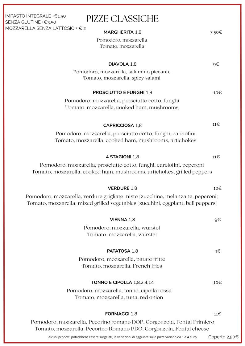 Menu di Pizzeria Ristorante L'Antica Rosa 