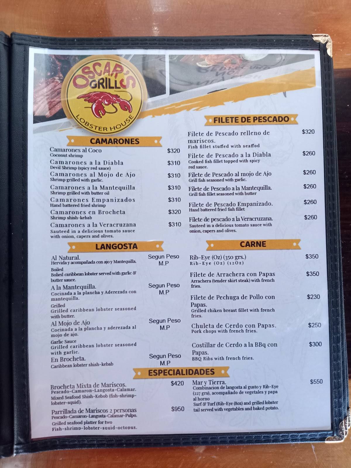 Menu at Oscars Grill pizzeria, Isla Mujeres