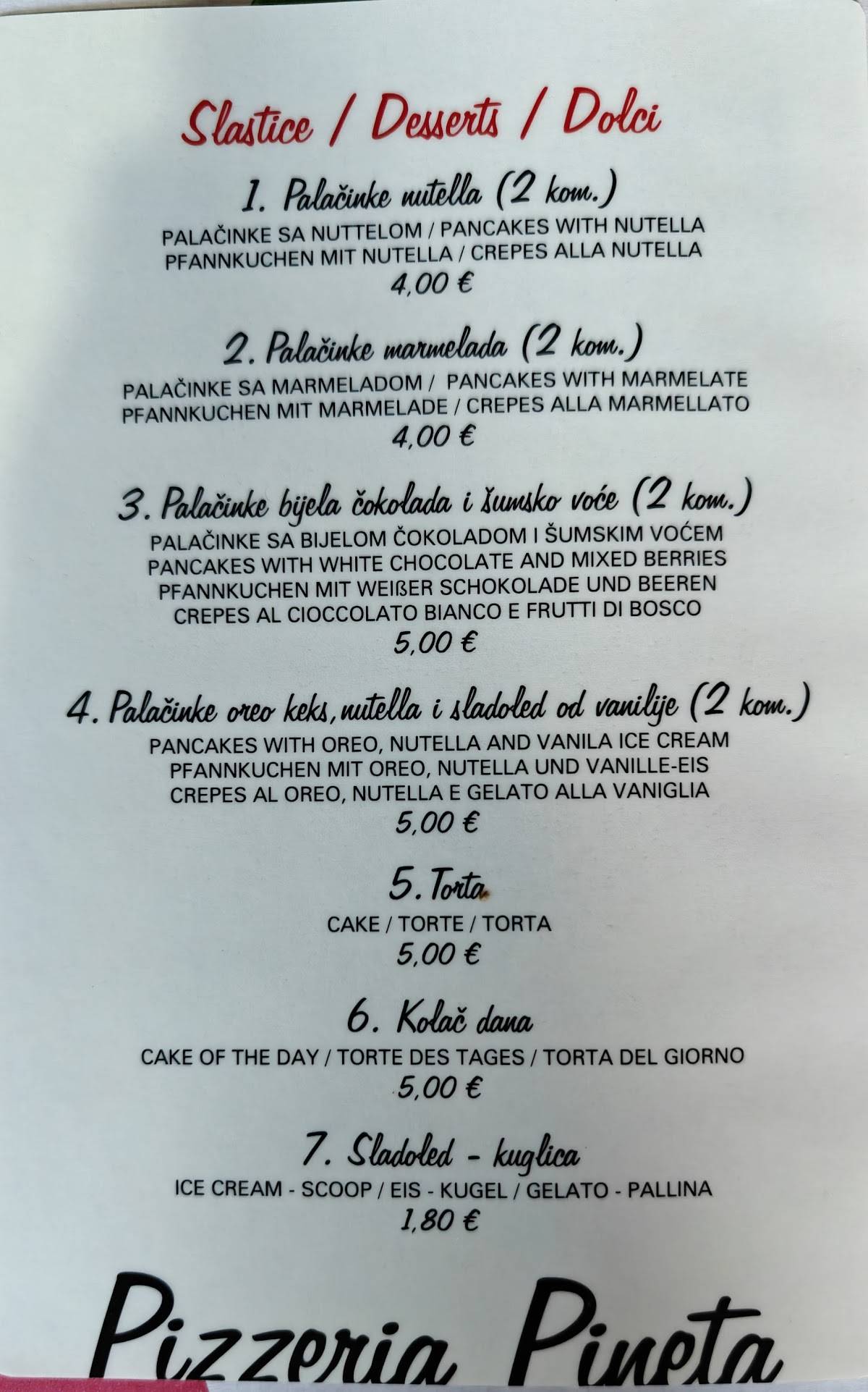 Menu di Pizzeria Pineta 