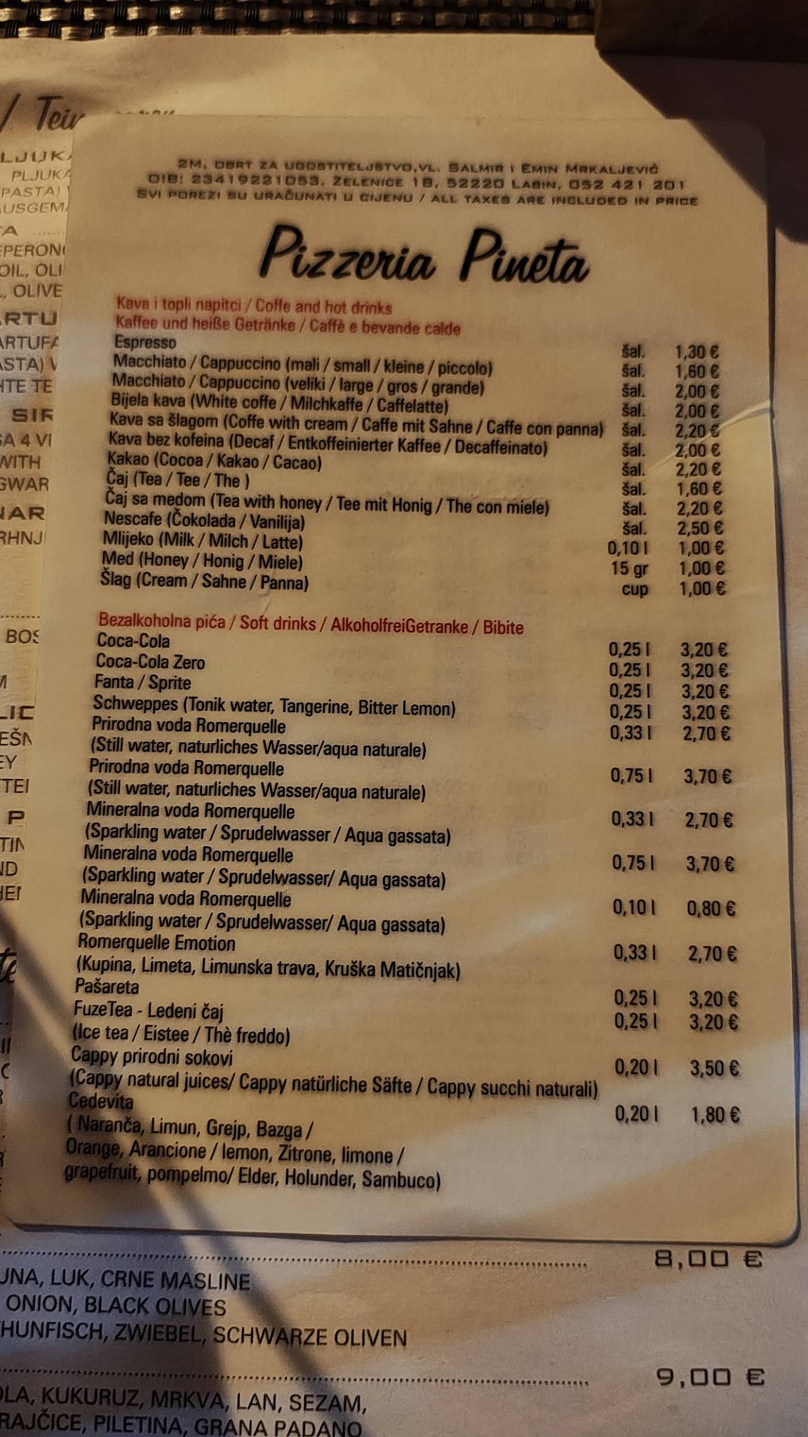 Menu di Pizzeria Pineta 