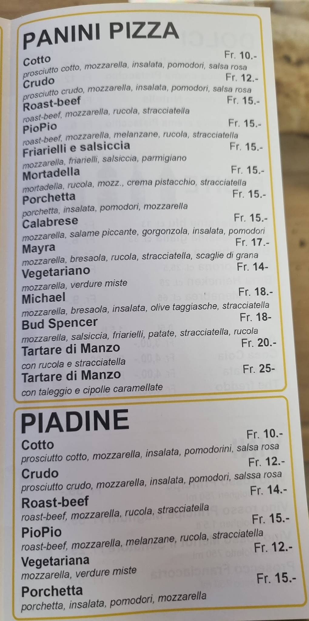 Menu di Pizzeria Piopio Quartino 