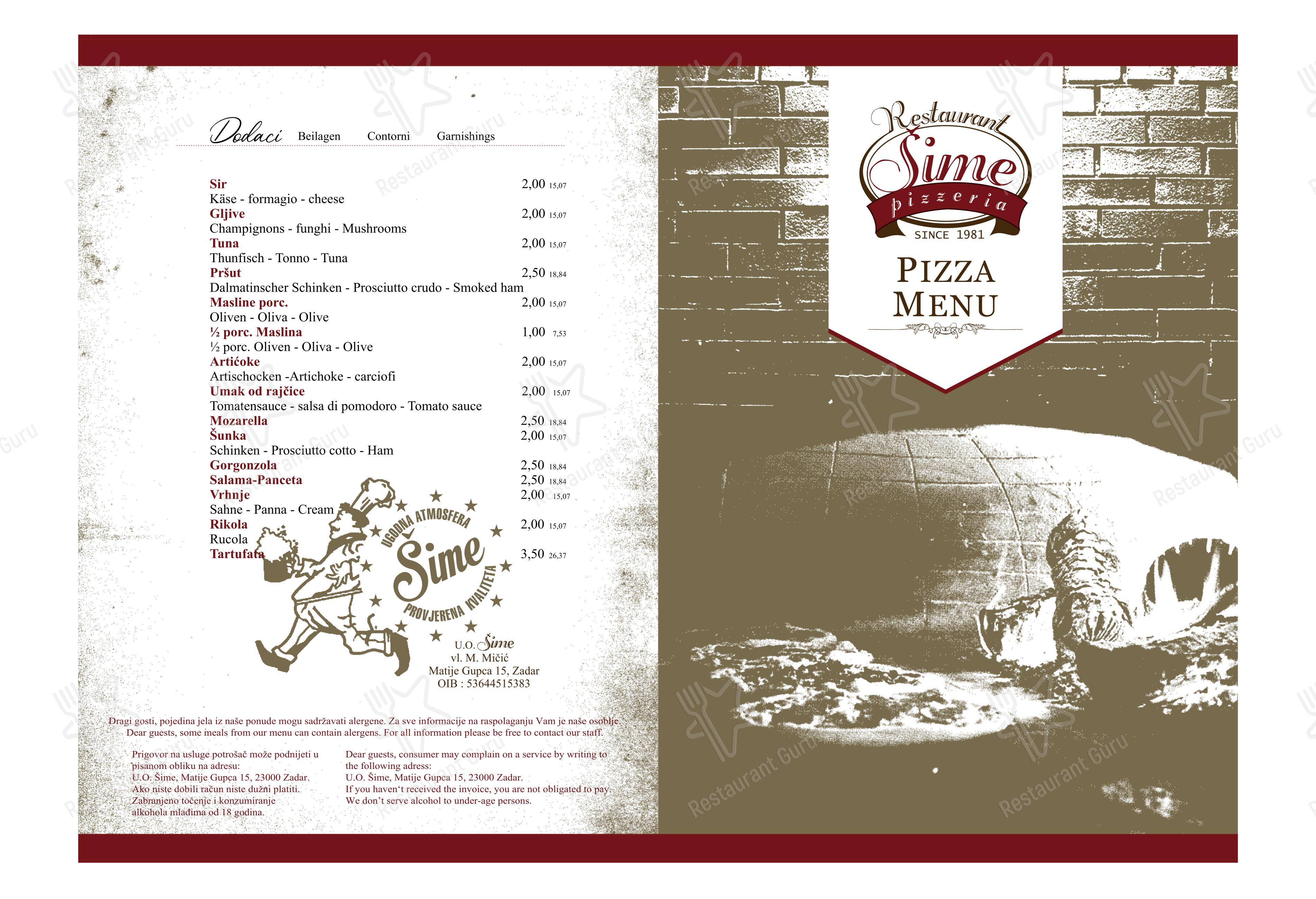 Menu bar per Pizzeria Šime ristorante