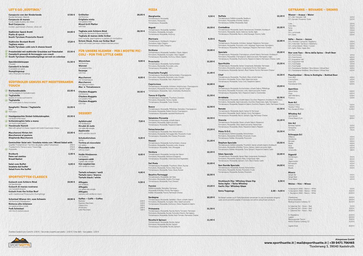 Menu di Sporthütte Kastelruth 