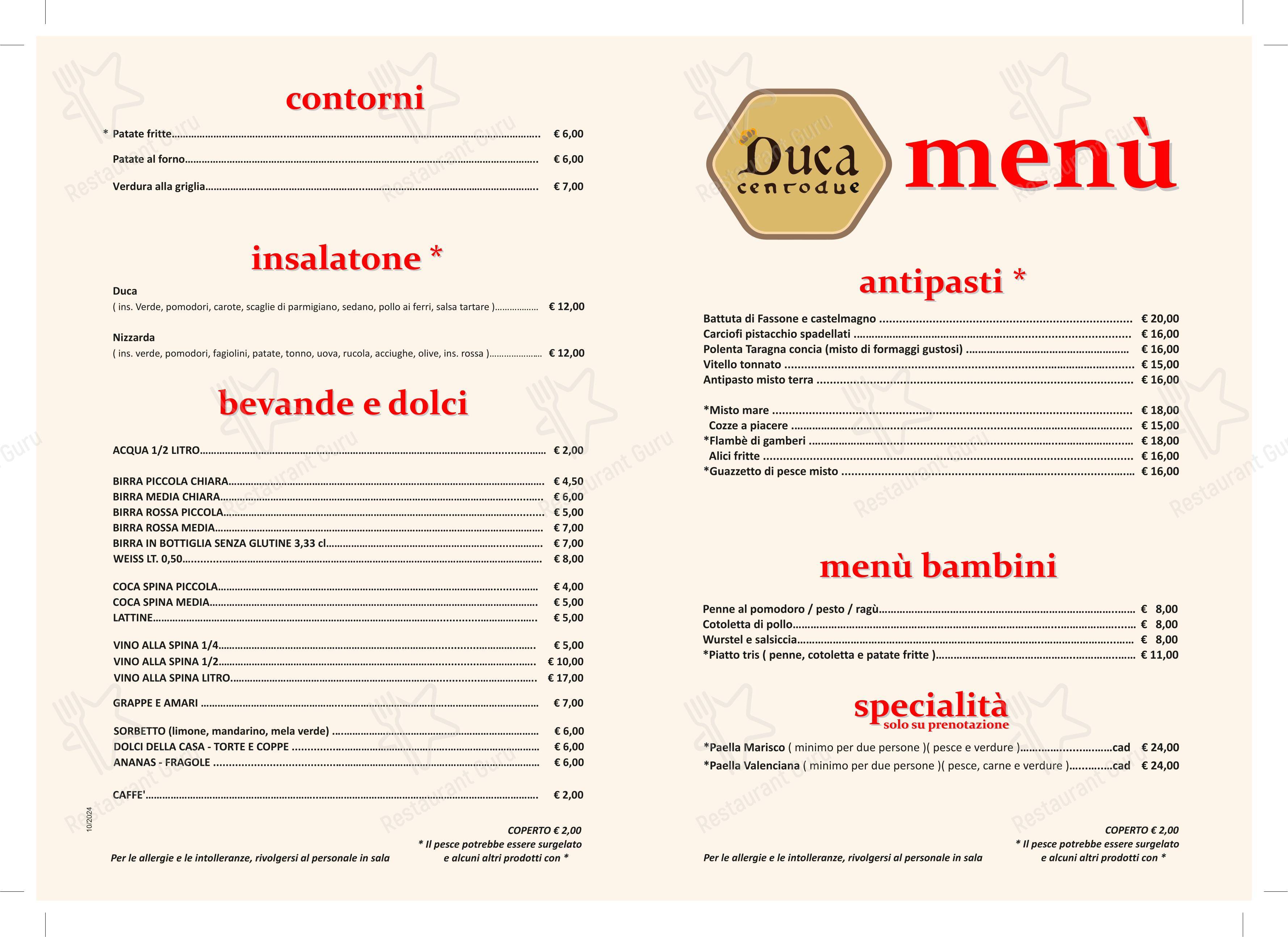 Pizzeria Trattoria Duca 102 in Torino - Menu