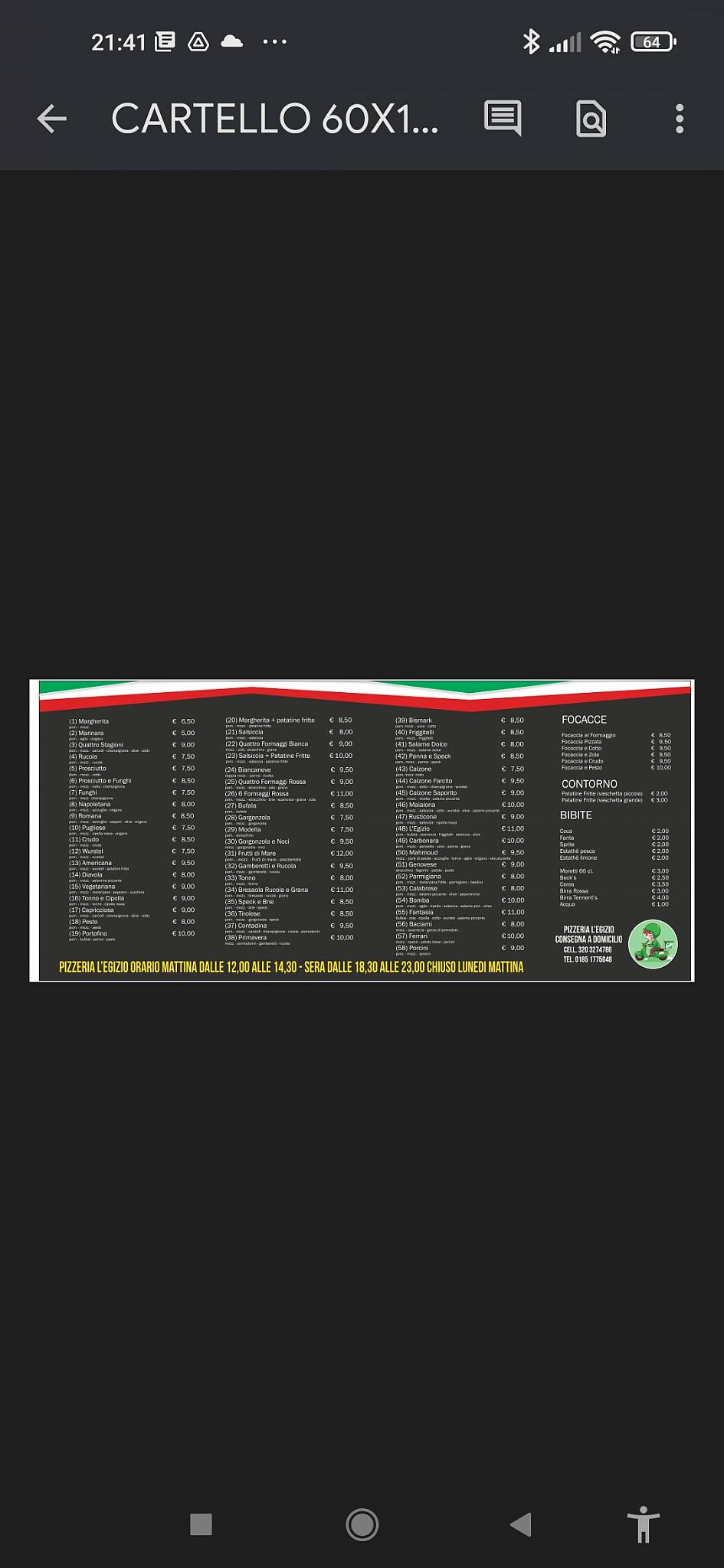Menu di Pizzeria l'Egizio 