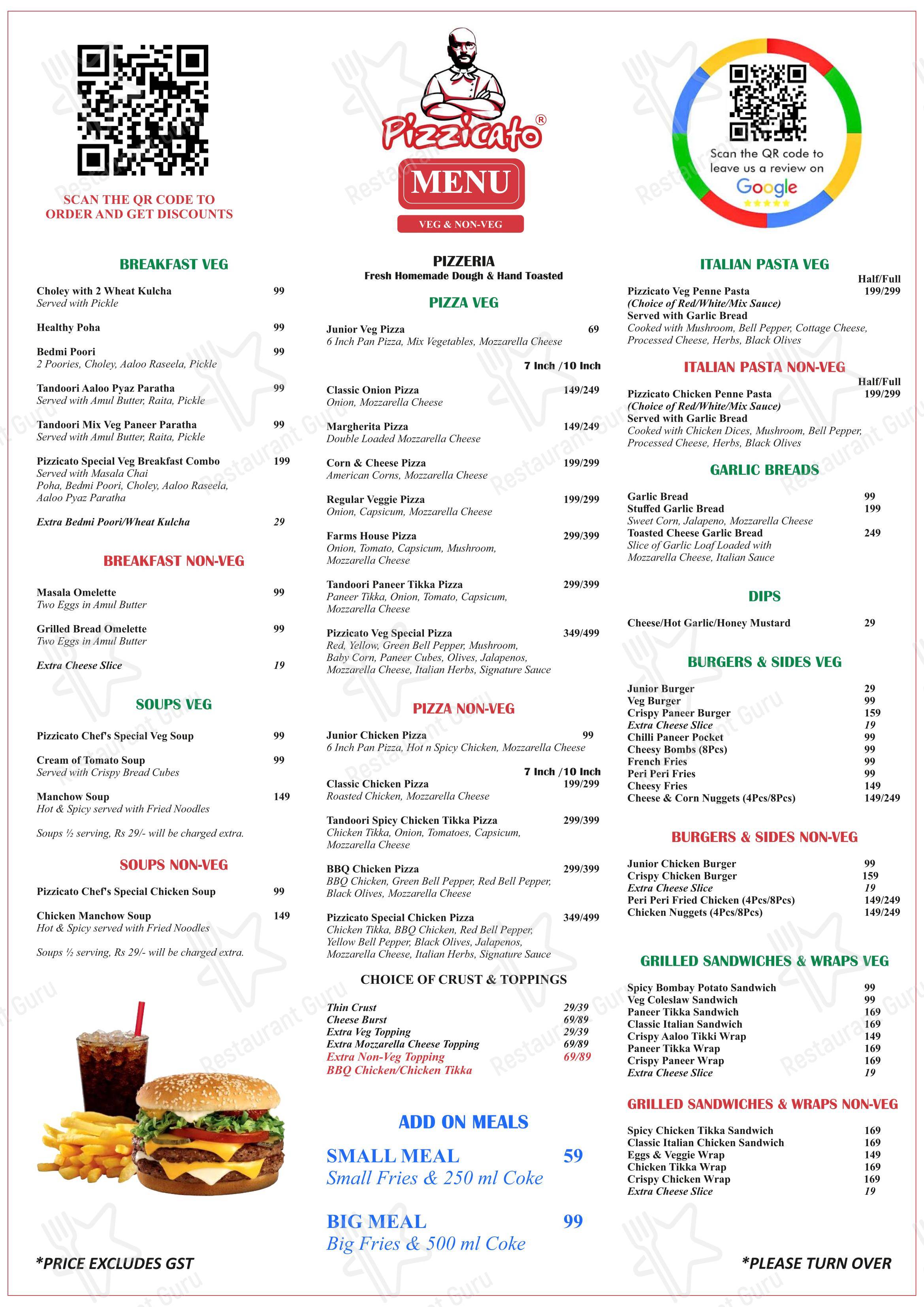 Menu for the Pizzicato restaurant