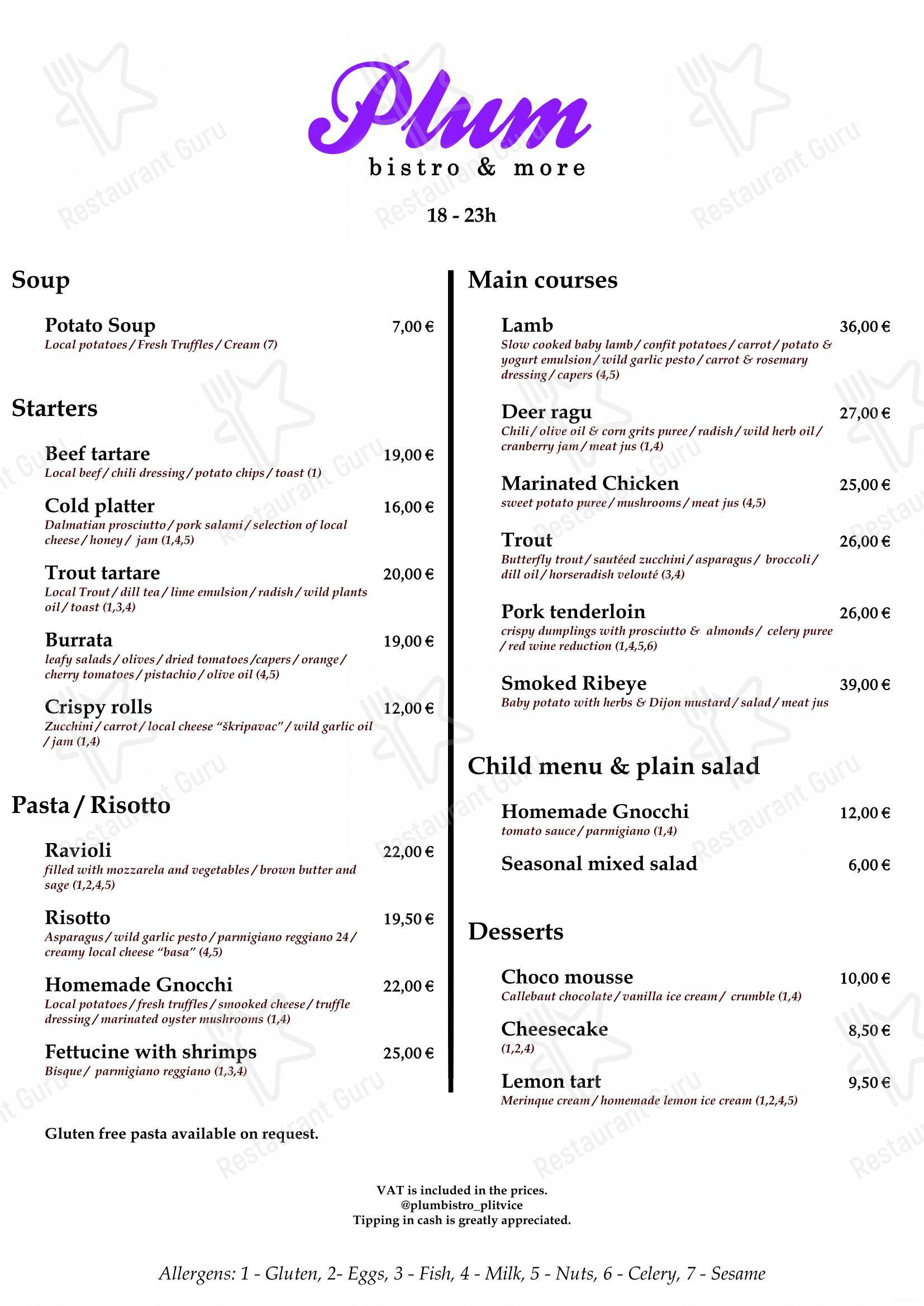 Menu per Plum bistro & more in Selište Drežničko