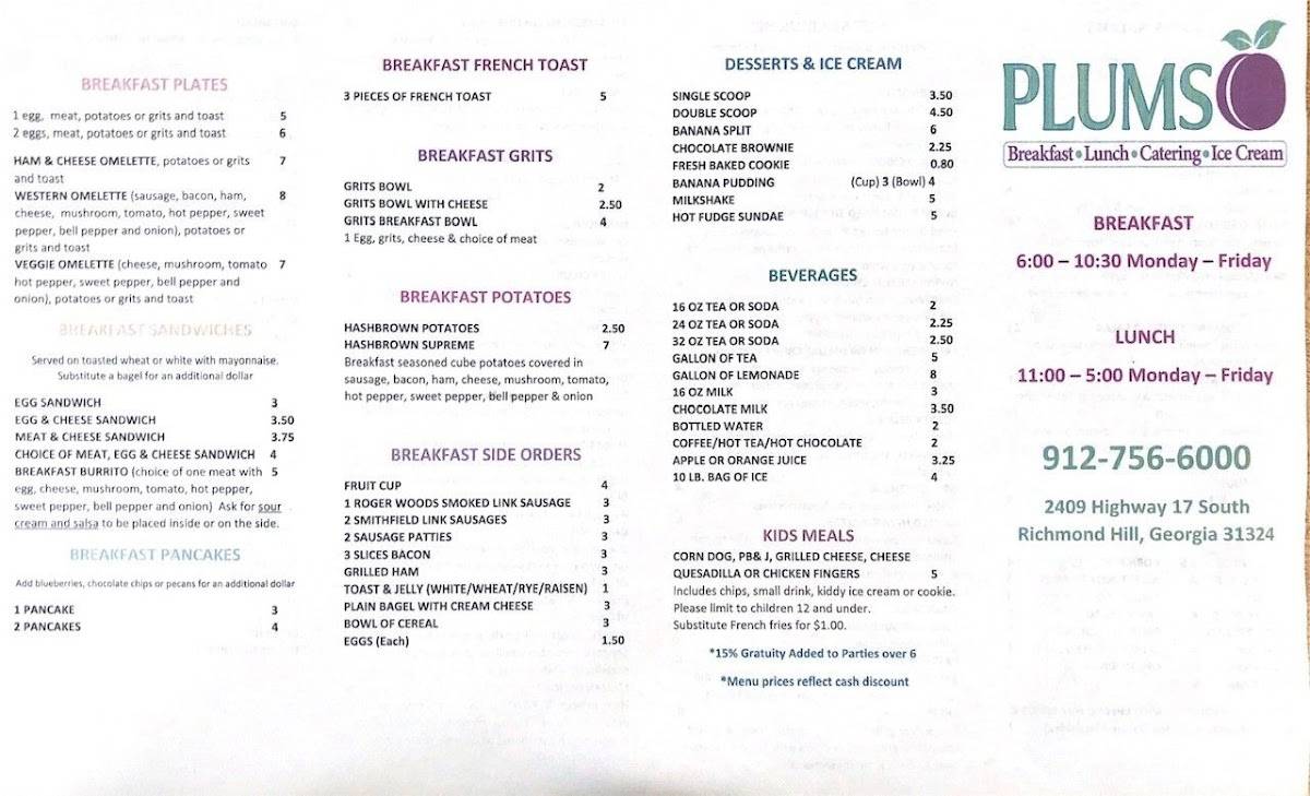 Menu at Plums Restaurant, Richmond Hill