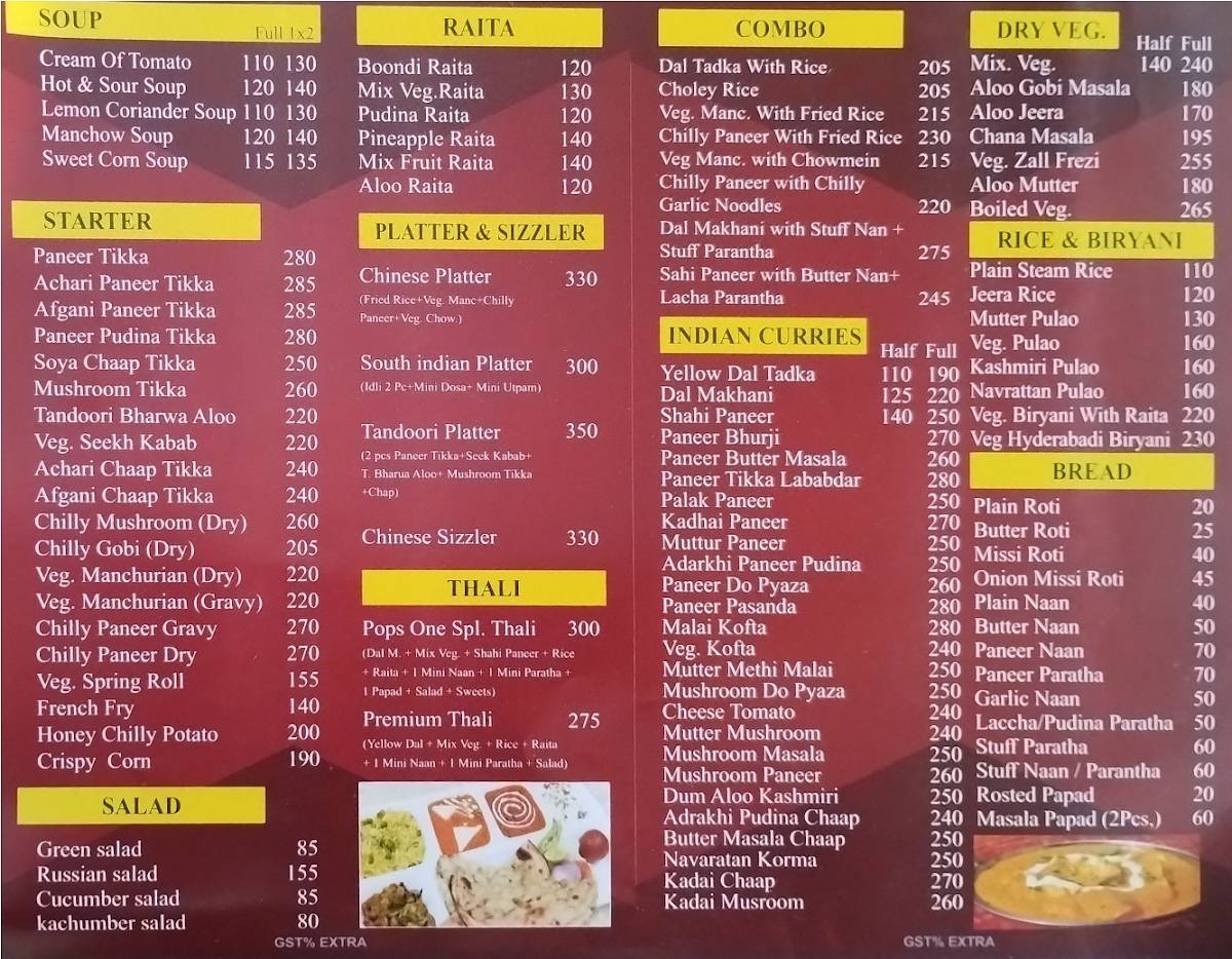 Pops One Restaurant menu
